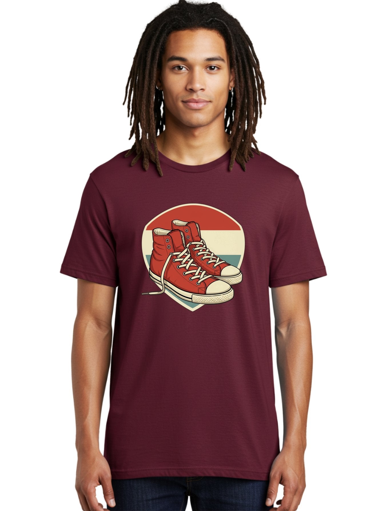 Red-Converse-Shoes Men'S Graphic Tee, 100% Cotton, Comfortable Casual Summer Wear, Machine Washable, Red High Top Sneakers, White Laces, Converse Shoes, Retro Sneakers, Vintage Footwear, Casual Wear, Comfortable Shoes, Red Canvas Sneakers, Bab325 28