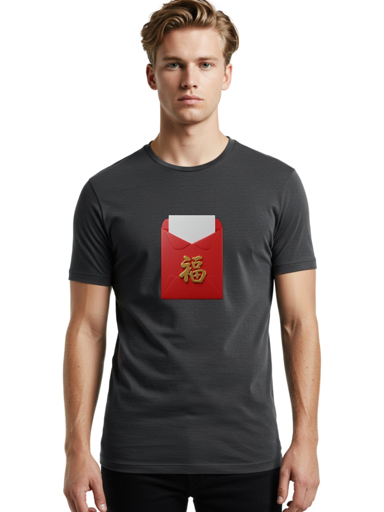 Red-Envelope-With-Fu-Character Men'S Graphic Tee, 100% Cotton, Comfortable Casual Summer Wear, Machine Washable, Red Envelope With Gold Chinese Character, Chinese New Year Gift, Lucky Money, Prosperity Symbol, Cultural Tradition, Bab327 19