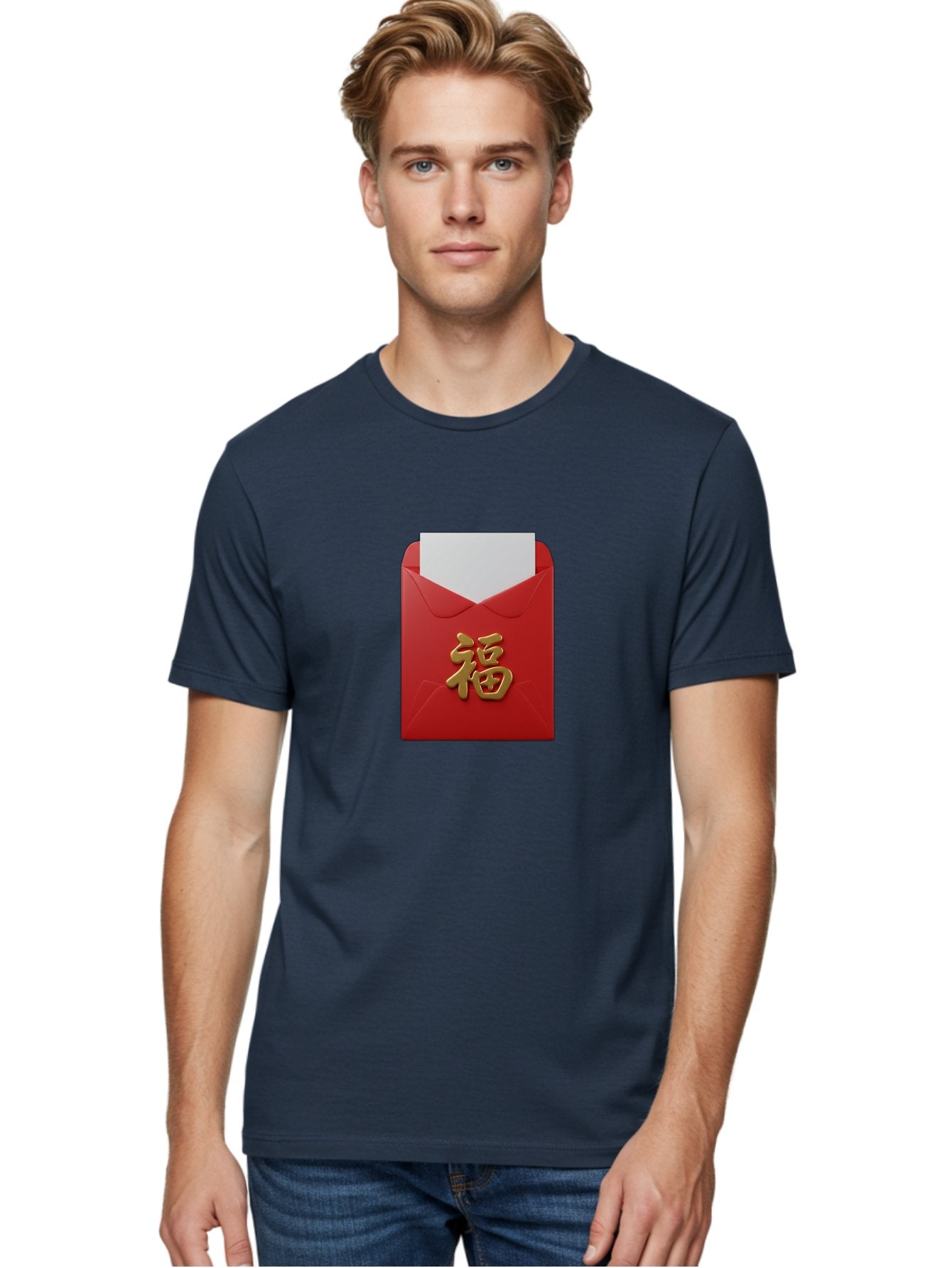 Red-Envelope-With-Fu-Character Men'S Graphic Tee, 100% Cotton, Comfortable Casual Summer Wear, Machine Washable, Red Envelope With Gold Chinese Character, Chinese New Year Gift, Lucky Money, Prosperity Symbol, Cultural Tradition, Bab327 25