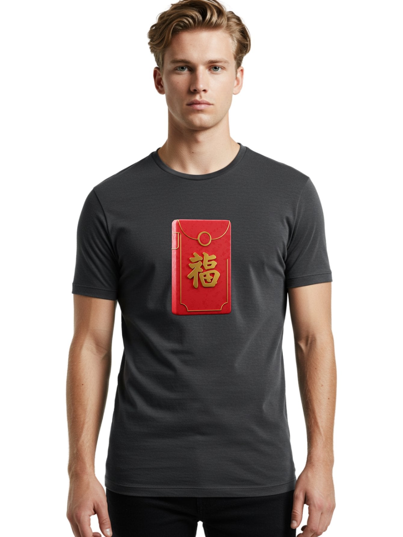 Red-Envelope-With-Fu-Symbol Men'S Graphic Tee, 100% Cotton, Comfortable Casual Summer Wear, Machine Washable, Red Envelope, Gold Trim, Chinese Character, Fu Symbol, Good Luck, Prosperity, Chinese New Year, Red Packet, Gold Accents, Bab328 26