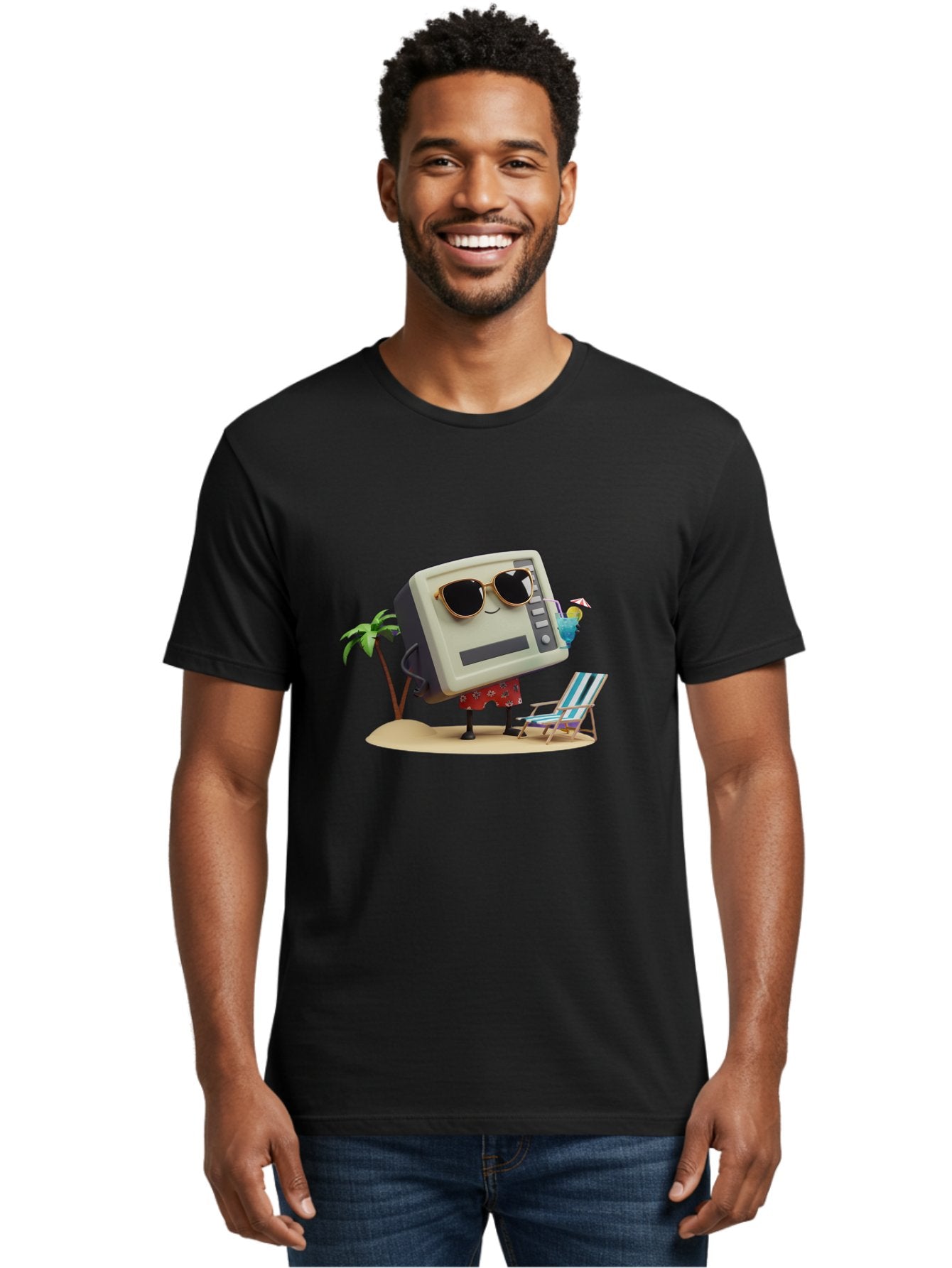 Retro-Crt-Tv Men'S Graphic Tee, 100% Cotton, Comfortable Casual Summer Wear, Machine Washable, Cash Register On Beach, Tropical Getaway, Sunglasses, Floral Skirt, Lounge Chair, Coconut Drink, Palm Trees, Summer Vibes, Fun In The Sun Bab332 23