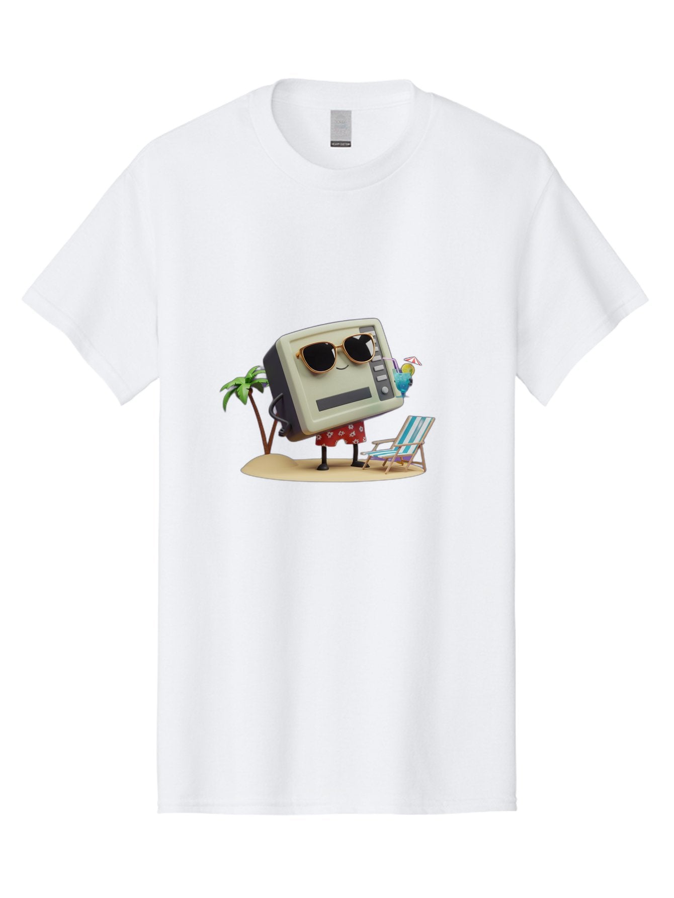 Retro-Crt-Tv Men'S Graphic Tee, 100% Cotton, Comfortable Casual Summer Wear, Machine Washable, Cash Register On Beach, Tropical Getaway, Sunglasses, Floral Skirt, Lounge Chair, Coconut Drink, Palm Trees, Summer Vibes, Fun In The Sun Bab332 6