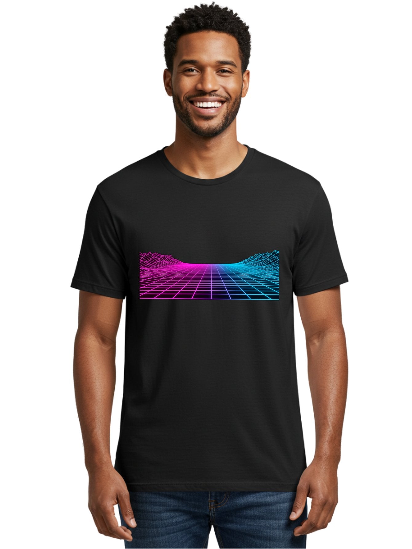 Retro-Futuristic-Grid-Landscape Men'S Graphic Tee, 100% Cotton, Comfortable Casual Summer Wear, Machine Washable, Retro Futuristic Landscape, Neon Grid, Synthwave Style, Futuristic Terrain, 80S Aesthetic, Digital Art, Vibrant Colors, Bab333 28