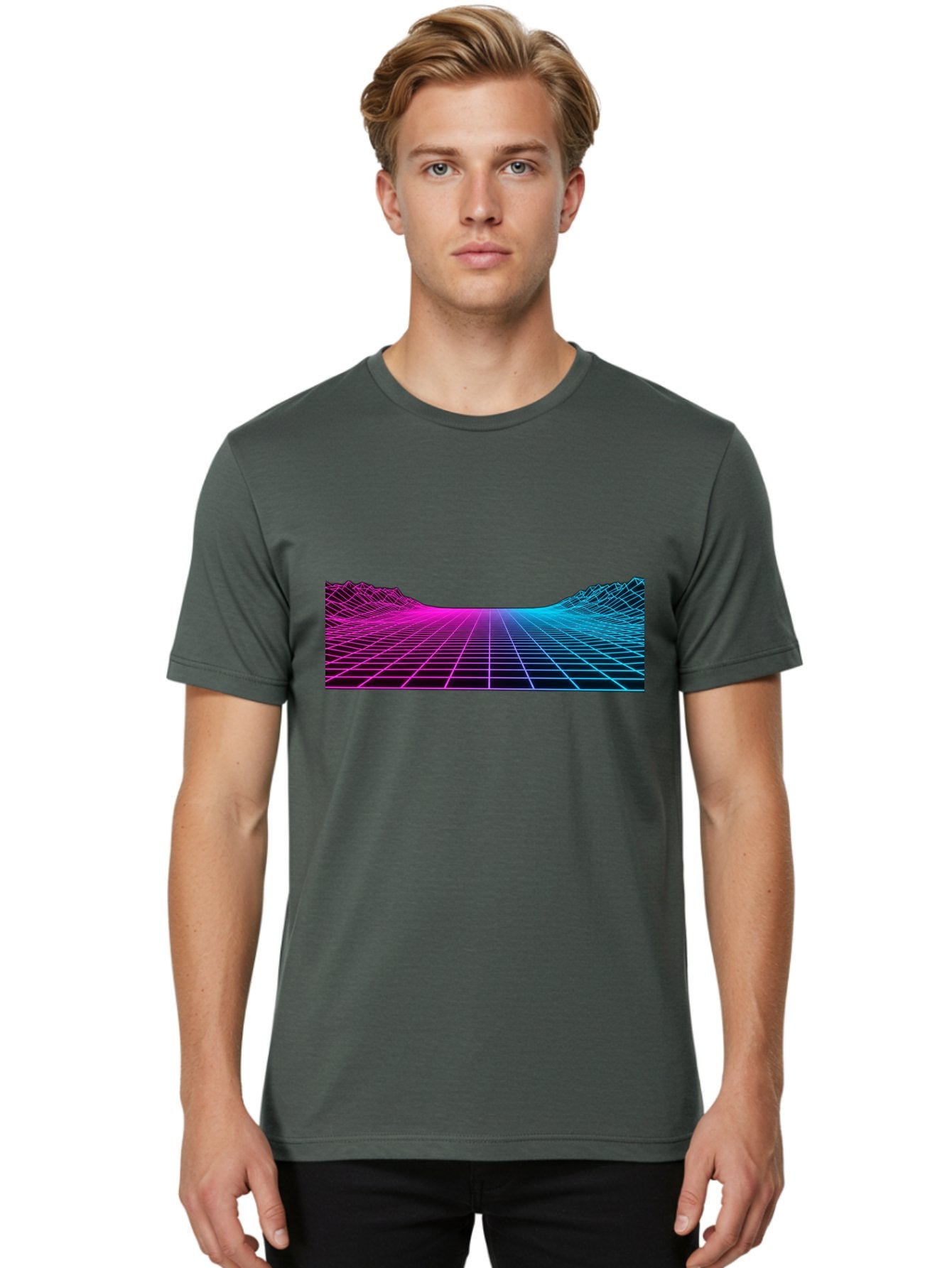 Retro-Futuristic-Grid-Landscape Men'S Graphic Tee, 100% Cotton, Comfortable Casual Summer Wear, Machine Washable, Retro Futuristic Landscape, Neon Grid, Synthwave Style, Futuristic Terrain, 80S Aesthetic, Digital Art, Vibrant Colors, Bab333 21