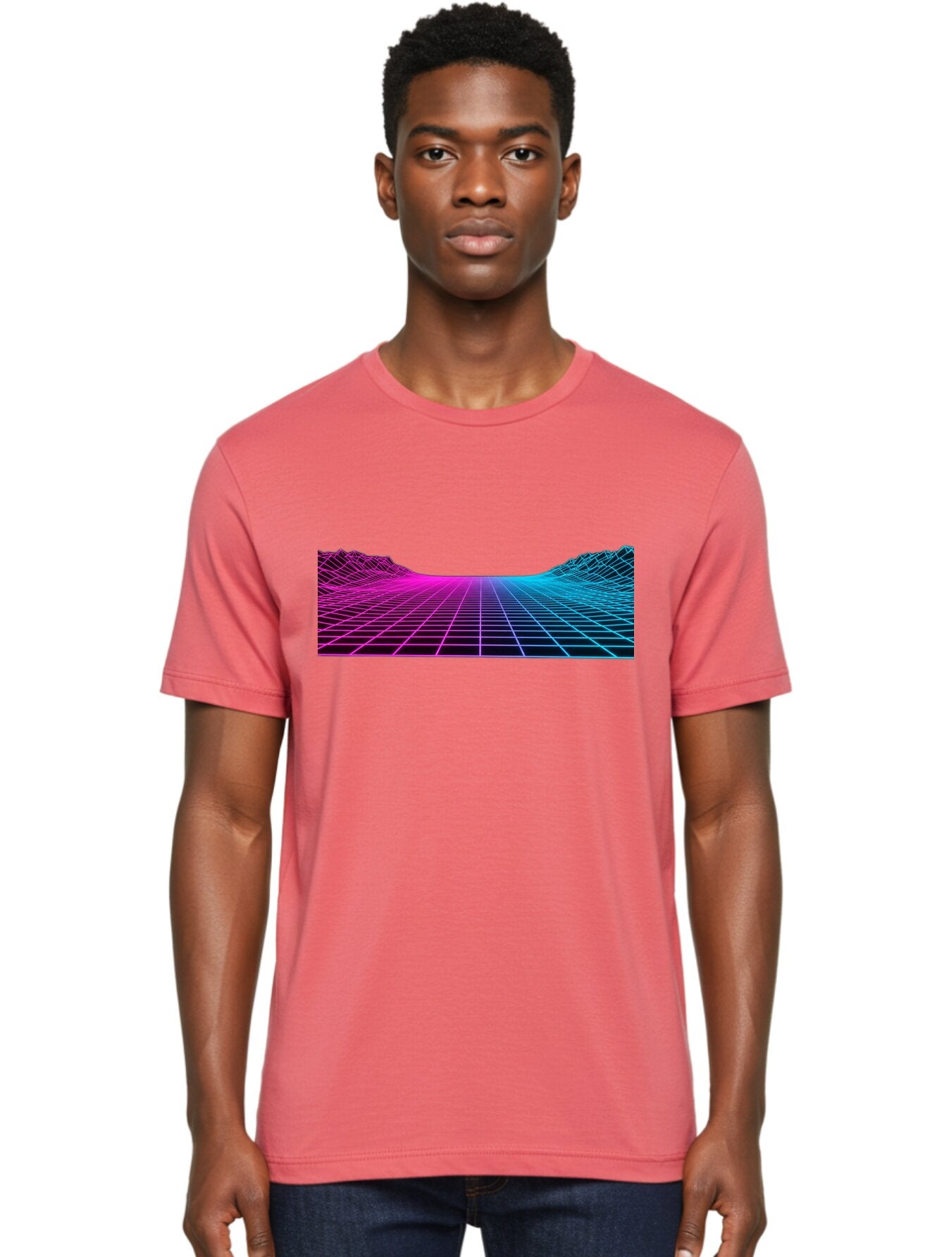 Retro-Futuristic-Grid-Landscape Men'S Graphic Tee, 100% Cotton, Comfortable Casual Summer Wear, Machine Washable, Retro Futuristic Landscape, Neon Grid, Synthwave Style, Futuristic Terrain, 80S Aesthetic, Digital Art, Vibrant Colors, Bab333 16