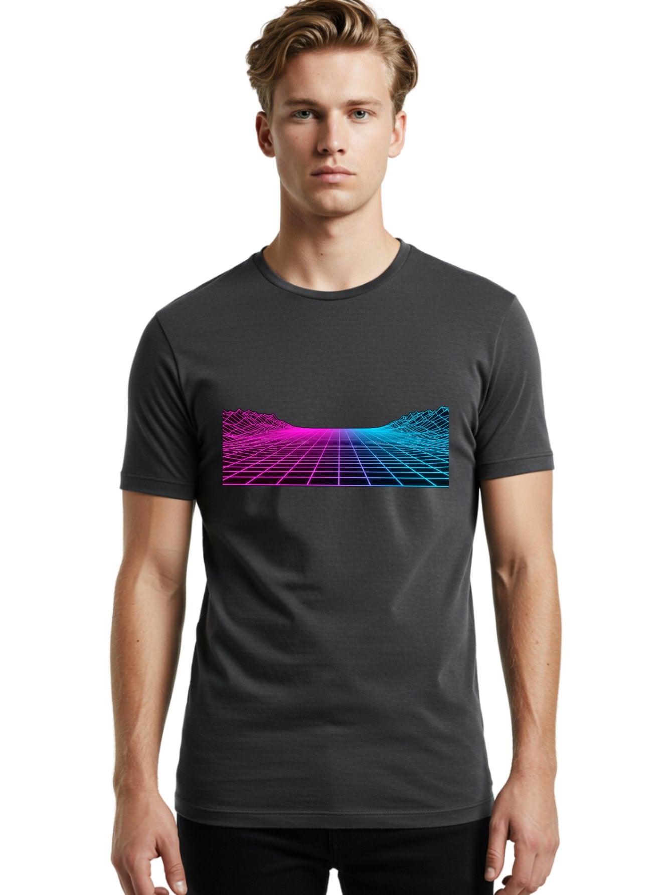 Retro-Futuristic-Grid-Landscape Men'S Graphic Tee, 100% Cotton, Comfortable Casual Summer Wear, Machine Washable, Retro Futuristic Landscape, Neon Grid, Synthwave Style, Futuristic Terrain, 80S Aesthetic, Digital Art, Vibrant Colors, Bab333 27