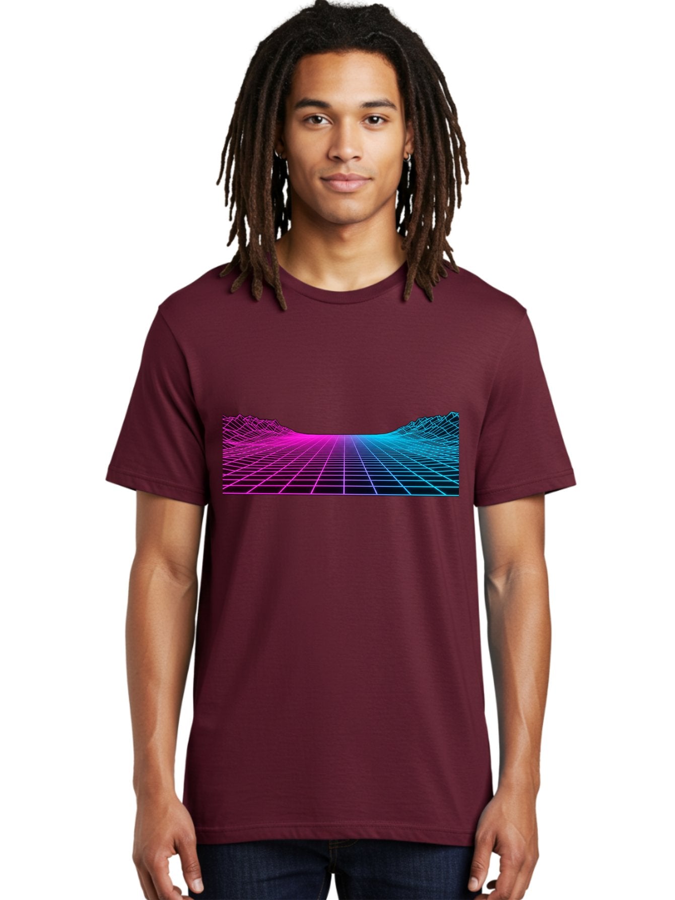 Retro-Futuristic-Grid-Landscape Men'S Graphic Tee, 100% Cotton, Comfortable Casual Summer Wear, Machine Washable, Retro Futuristic Landscape, Neon Grid, Synthwave Style, Futuristic Terrain, 80S Aesthetic, Digital Art, Vibrant Colors, Bab333 22