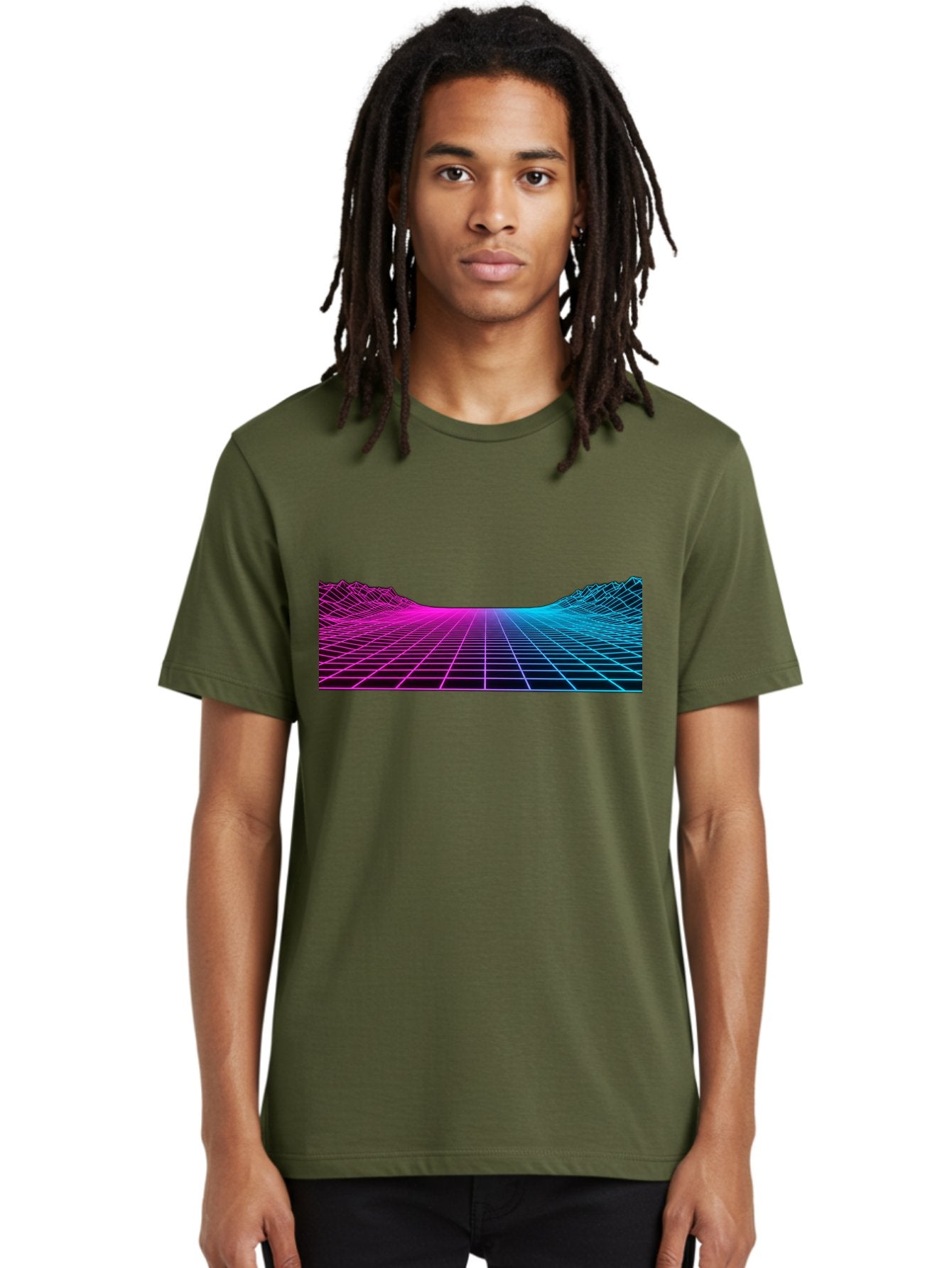 Retro-Futuristic-Grid-Landscape Men'S Graphic Tee, 100% Cotton, Comfortable Casual Summer Wear, Machine Washable, Retro Futuristic Landscape, Neon Grid, Synthwave Style, Futuristic Terrain, 80S Aesthetic, Digital Art, Vibrant Colors, Bab333 23