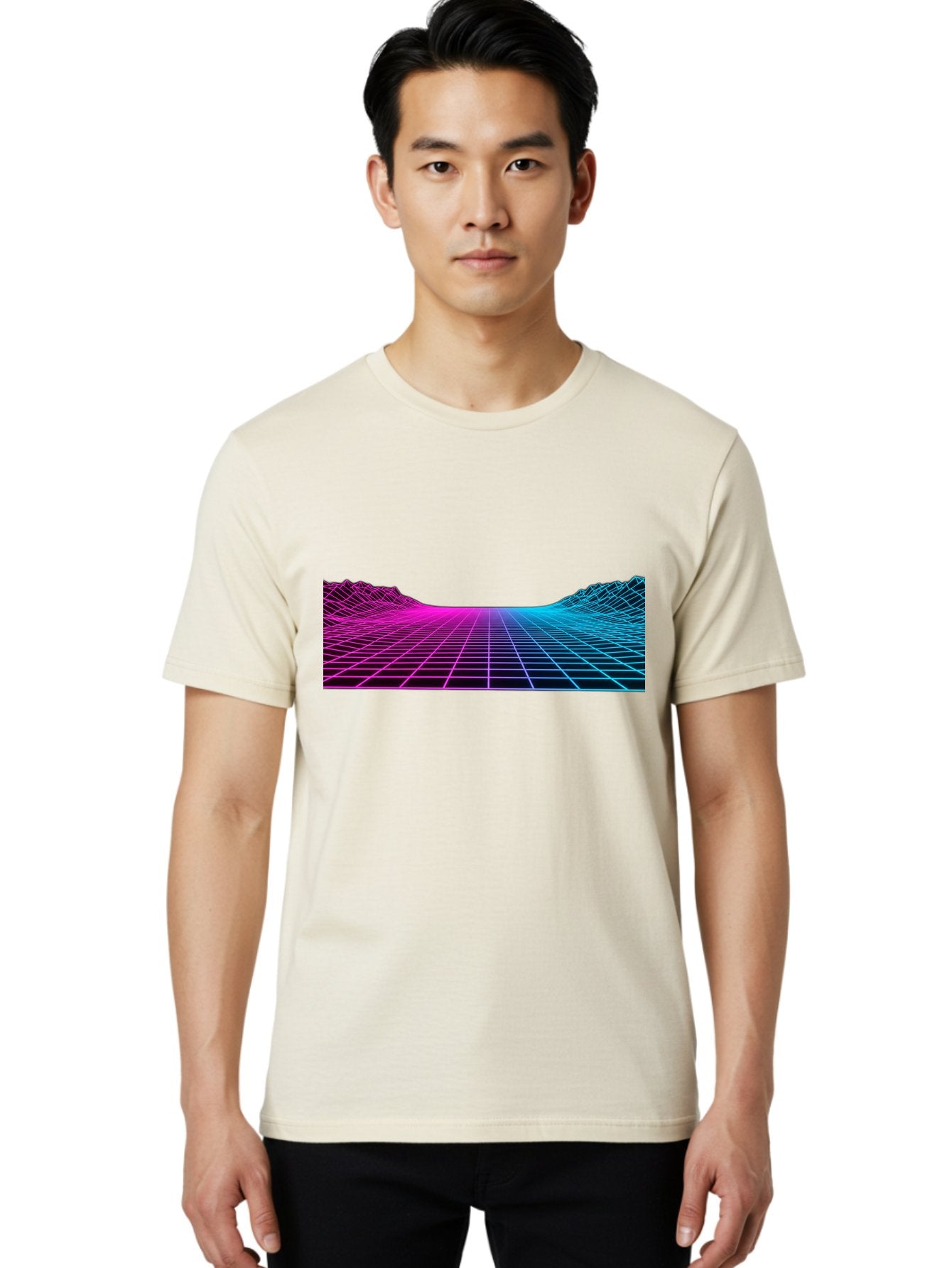 Retro-Futuristic-Grid-Landscape Men'S Graphic Tee, 100% Cotton, Comfortable Casual Summer Wear, Machine Washable, Retro Futuristic Landscape, Neon Grid, Synthwave Style, Futuristic Terrain, 80S Aesthetic, Digital Art, Vibrant Colors, Bab333 30