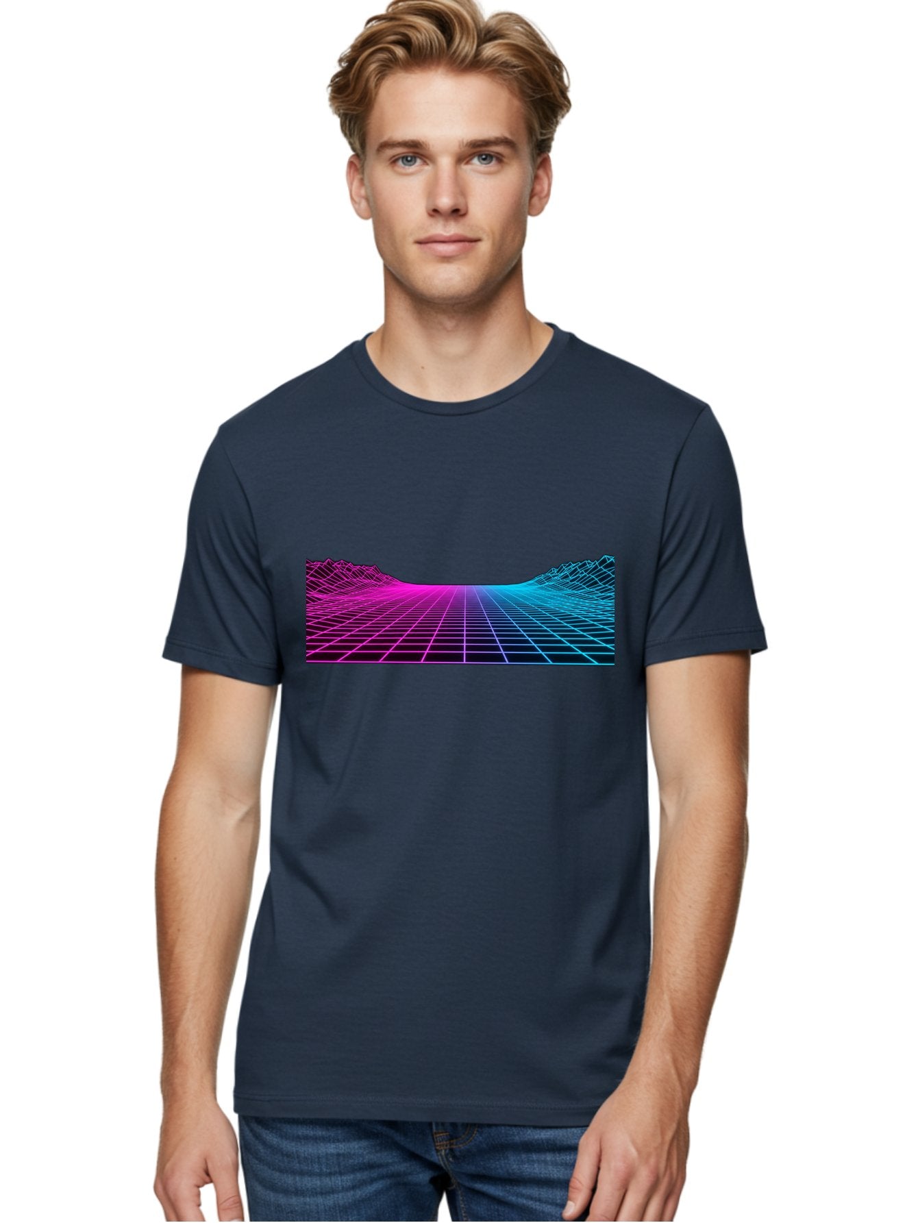 Retro-Futuristic-Grid-Landscape Men'S Graphic Tee, 100% Cotton, Comfortable Casual Summer Wear, Machine Washable, Retro Futuristic Landscape, Neon Grid, Synthwave Style, Futuristic Terrain, 80S Aesthetic, Digital Art, Vibrant Colors, Bab333 18