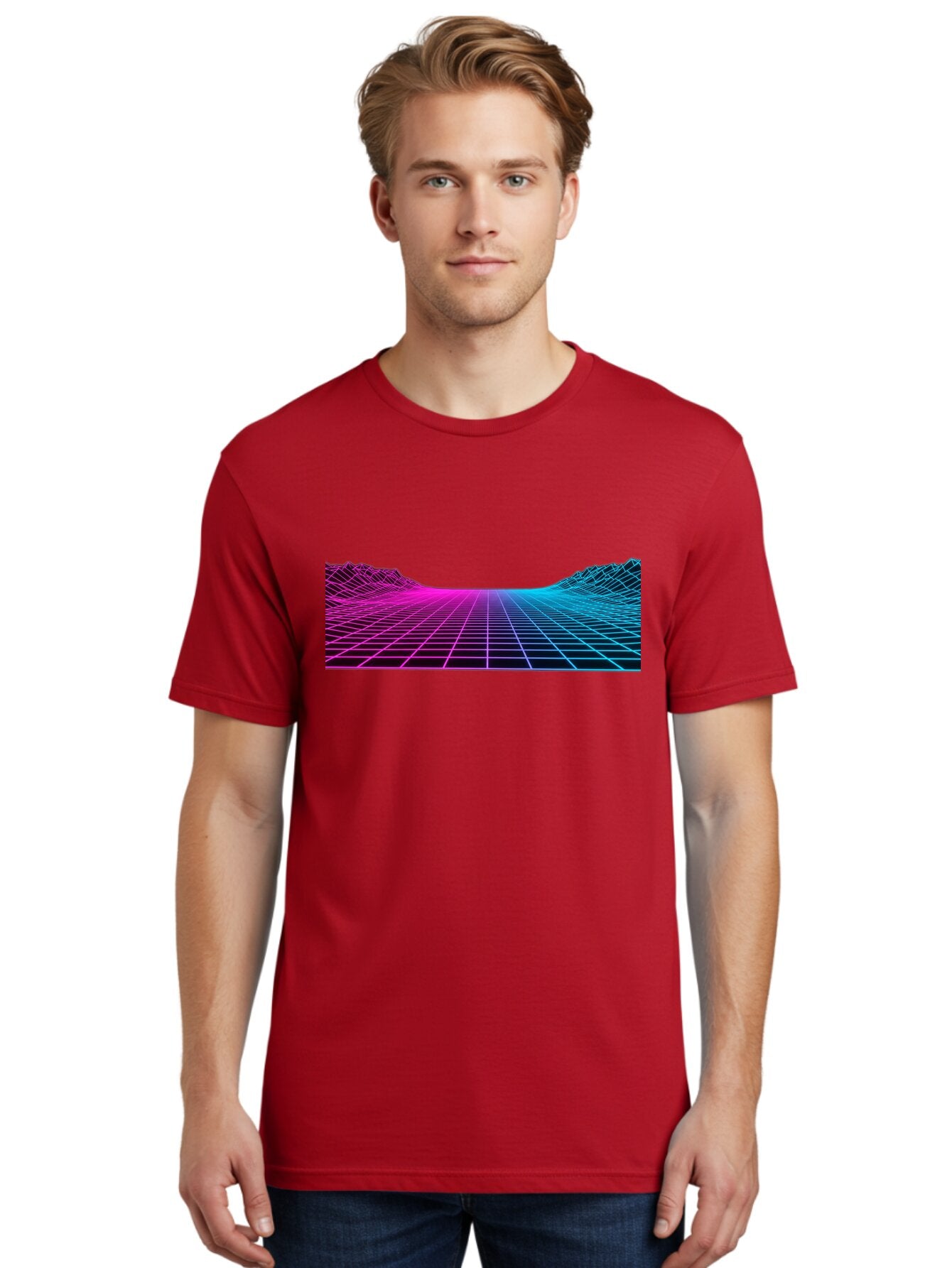 Retro-Futuristic-Grid-Landscape Men'S Graphic Tee, 100% Cotton, Comfortable Casual Summer Wear, Machine Washable, Retro Futuristic Landscape, Neon Grid, Synthwave Style, Futuristic Terrain, 80S Aesthetic, Digital Art, Vibrant Colors, Bab333 25