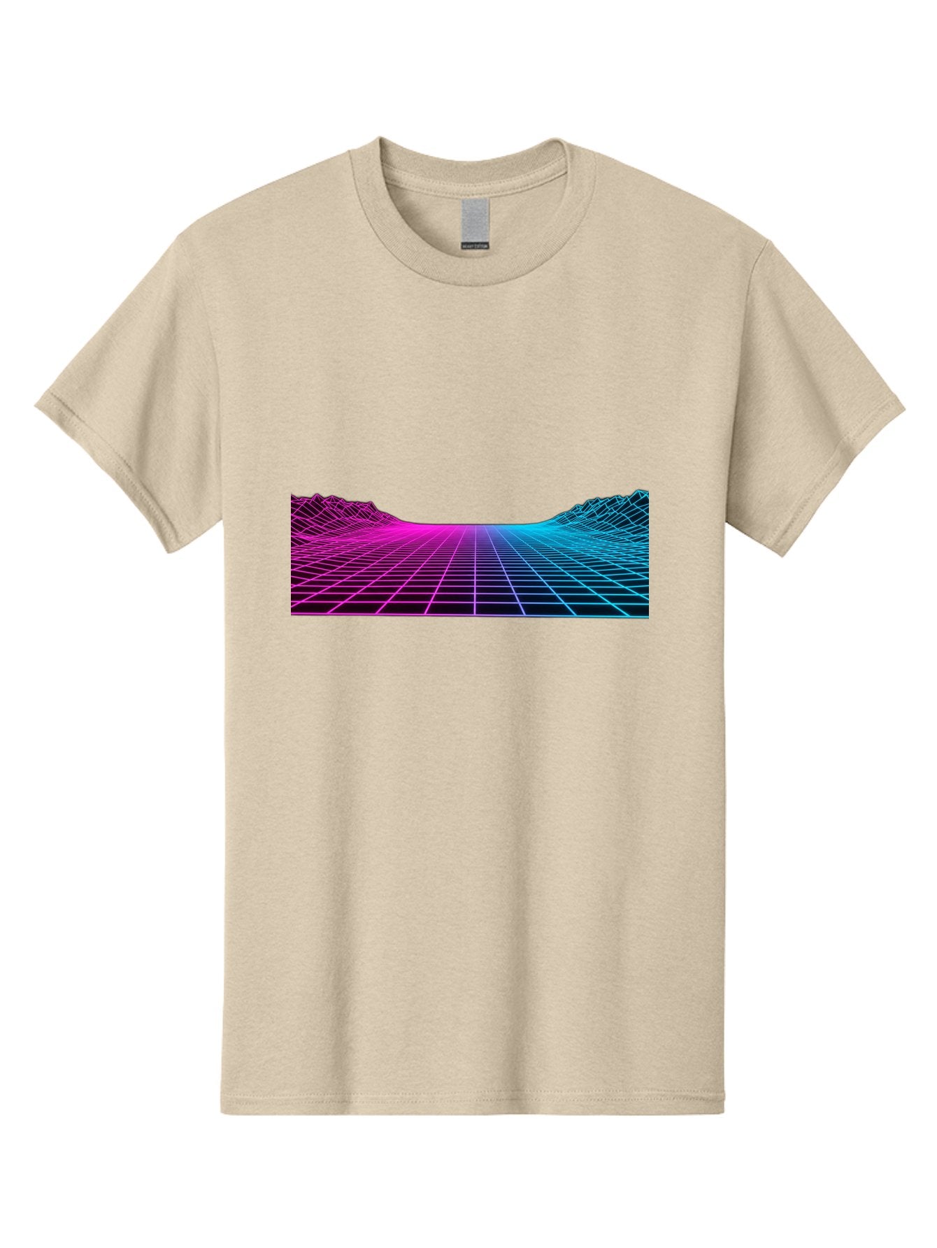 Retro-Futuristic-Grid-Landscape Men'S Graphic Tee, 100% Cotton, Comfortable Casual Summer Wear, Machine Washable, Retro Futuristic Landscape, Neon Grid, Synthwave Style, Futuristic Terrain, 80S Aesthetic, Digital Art, Vibrant Colors, Bab333