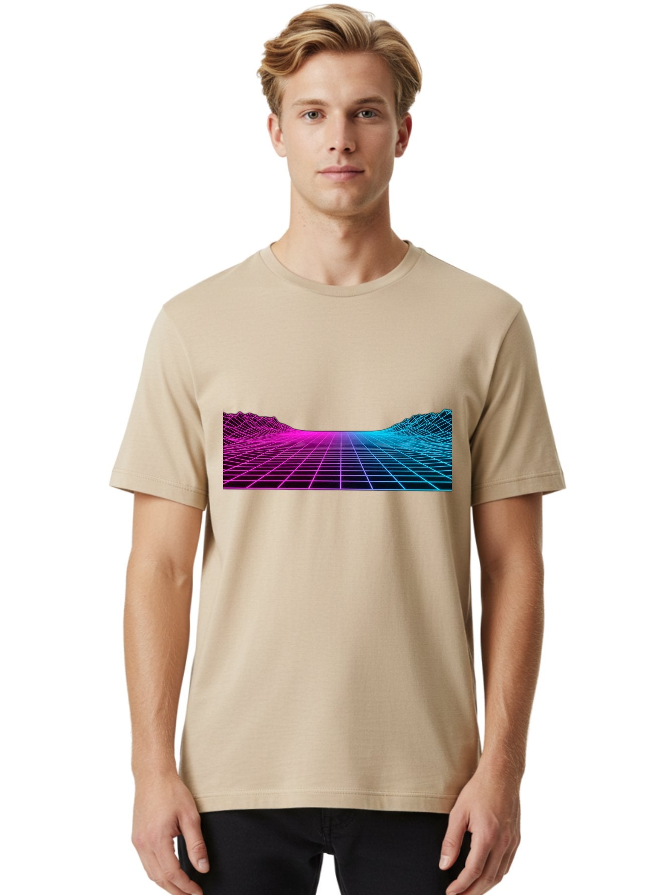 Retro-Futuristic-Grid-Landscape Men'S Graphic Tee, 100% Cotton, Comfortable Casual Summer Wear, Machine Washable, Retro Futuristic Landscape, Neon Grid, Synthwave Style, Futuristic Terrain, 80S Aesthetic, Digital Art, Vibrant Colors, Bab333 19