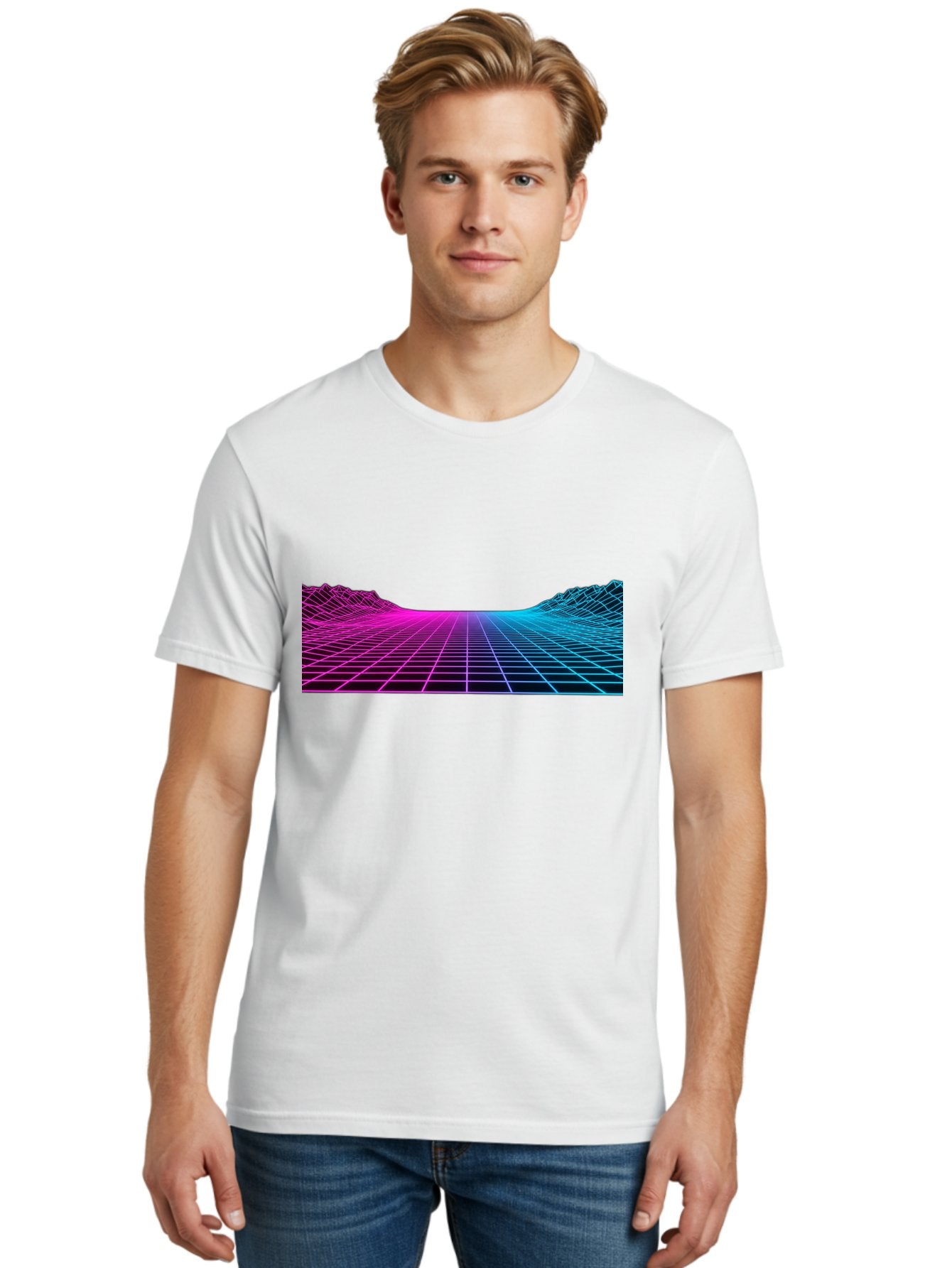 Retro-Futuristic-Grid-Landscape Men'S Graphic Tee, 100% Cotton, Comfortable Casual Summer Wear, Machine Washable, Retro Futuristic Landscape, Neon Grid, Synthwave Style, Futuristic Terrain, 80S Aesthetic, Digital Art, Vibrant Colors, Bab333 24