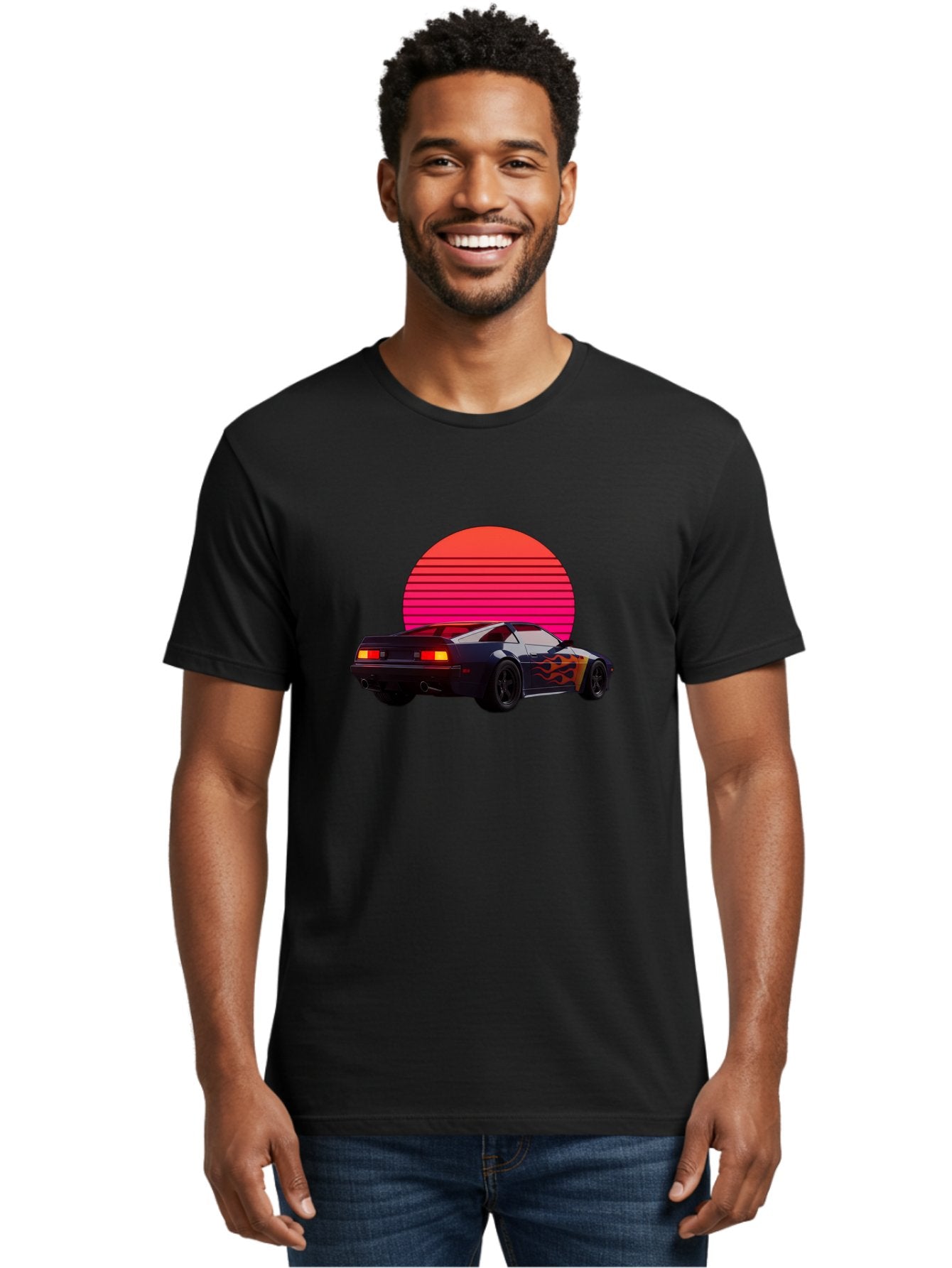 Retro-Sports-Car-1 Men'S Graphic Tee, 100% Cotton, Comfortable Casual Summer Wear, Machine Washable, Retro Sports Car, Flame Design, Vintage Vehicle, 80S Car Culture, Neon Lights, Synth Wave, Red Sun, Vintage Graphics, Retro Futuristic Bab334 30