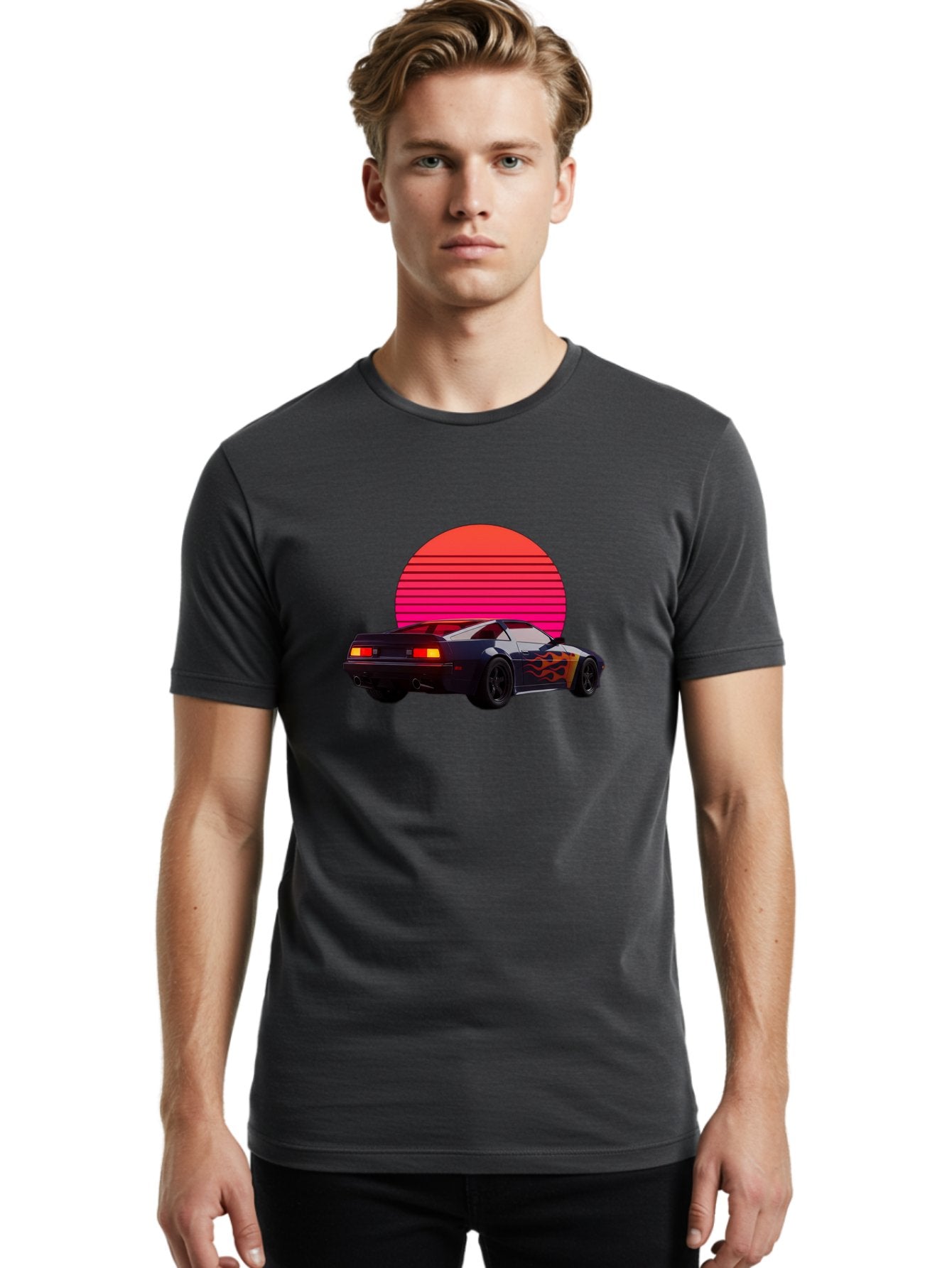 Retro-Sports-Car-1 Men'S Graphic Tee, 100% Cotton, Comfortable Casual Summer Wear, Machine Washable, Retro Sports Car, Flame Design, Vintage Vehicle, 80S Car Culture, Neon Lights, Synth Wave, Red Sun, Vintage Graphics, Retro Futuristic Bab334 24