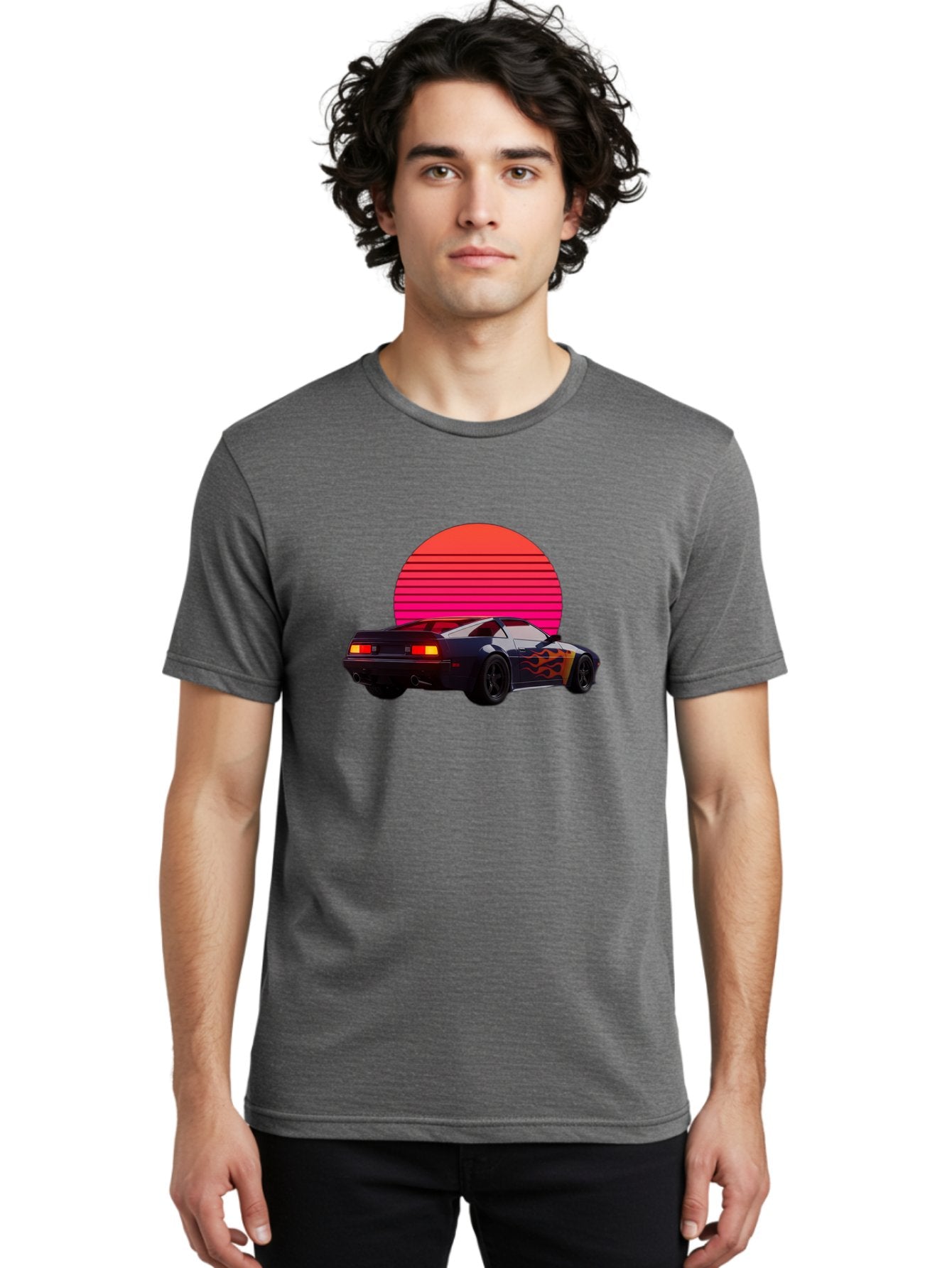 Retro-Sports-Car-1 Men'S Graphic Tee, 100% Cotton, Comfortable Casual Summer Wear, Machine Washable, Retro Sports Car, Flame Design, Vintage Vehicle, 80S Car Culture, Neon Lights, Synth Wave, Red Sun, Vintage Graphics, Retro Futuristic Bab334 28