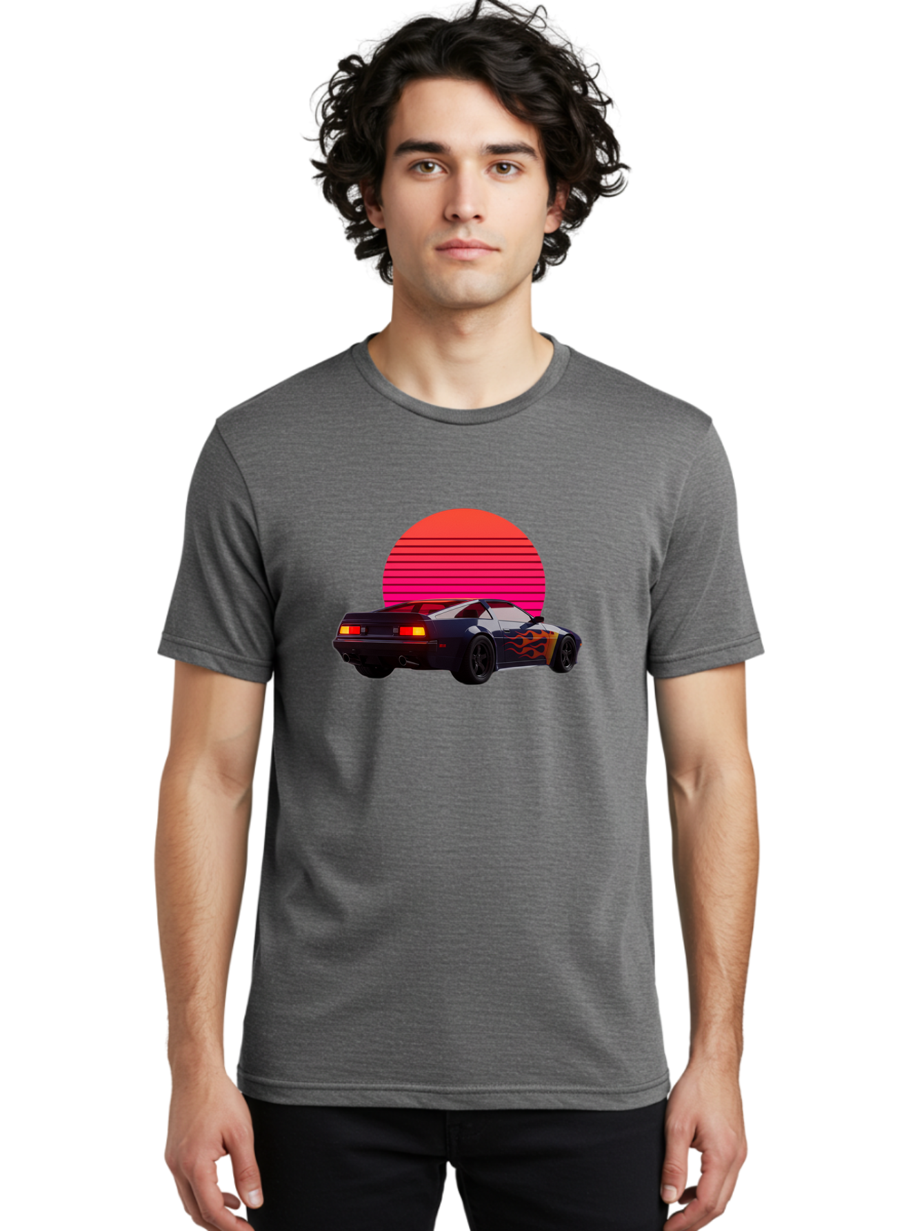 Retro-Sports-Car-1 Men'S Graphic Tee, 100% Cotton, Comfortable Casual Summer Wear, Machine Washable, Retro Sports Car, Flame Design, Vintage Vehicle, 80S Car Culture, Neon Lights, Synth Wave, Red Sun, Vintage Graphics, Retro Futuristic Bab334 6