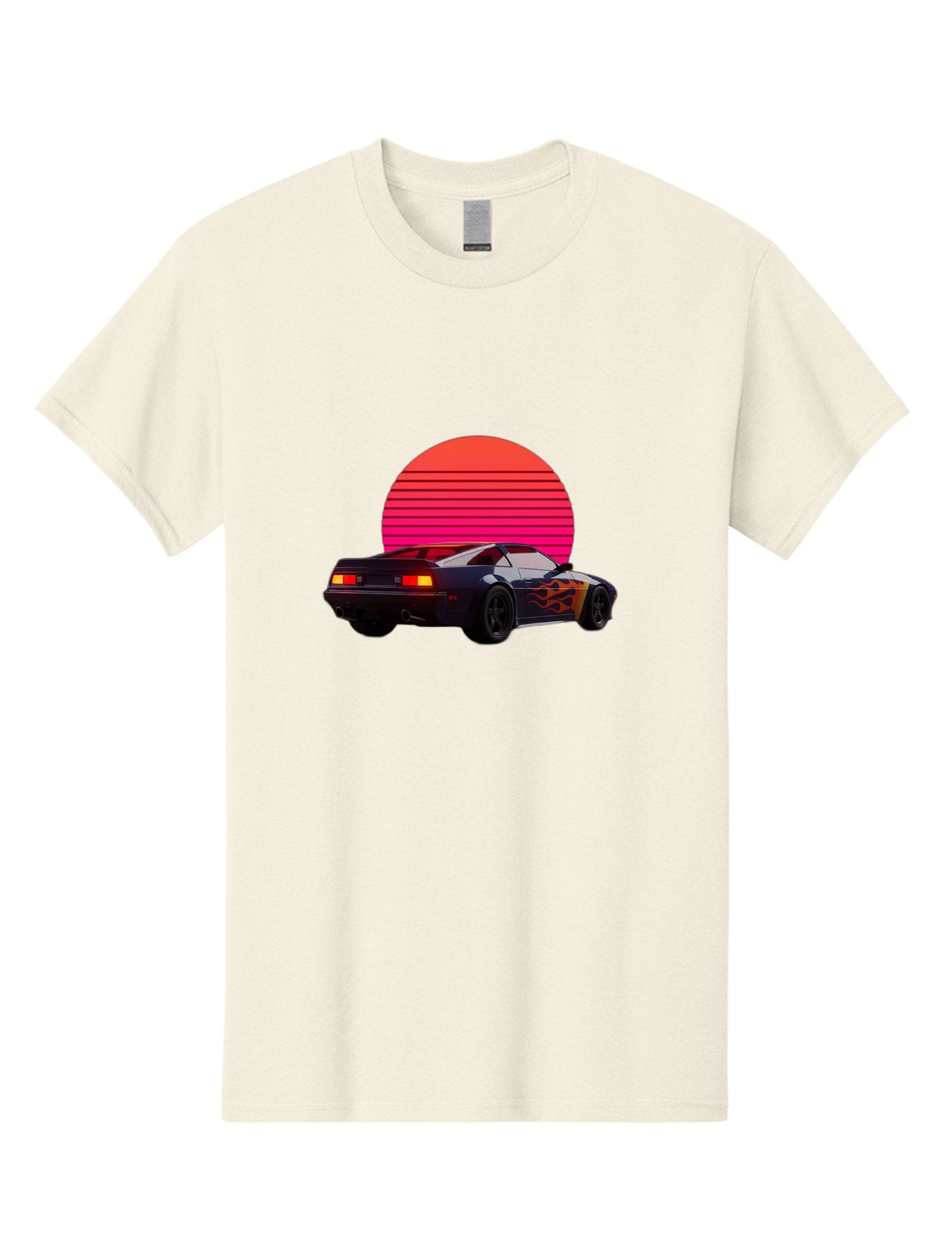 Retro-Sports-Car-1 Men'S Graphic Tee, 100% Cotton, Comfortable Casual Summer Wear, Machine Washable, Retro Sports Car, Flame Design, Vintage Vehicle, 80S Car Culture, Neon Lights, Synth Wave, Red Sun, Vintage Graphics, Retro Futuristic Bab334