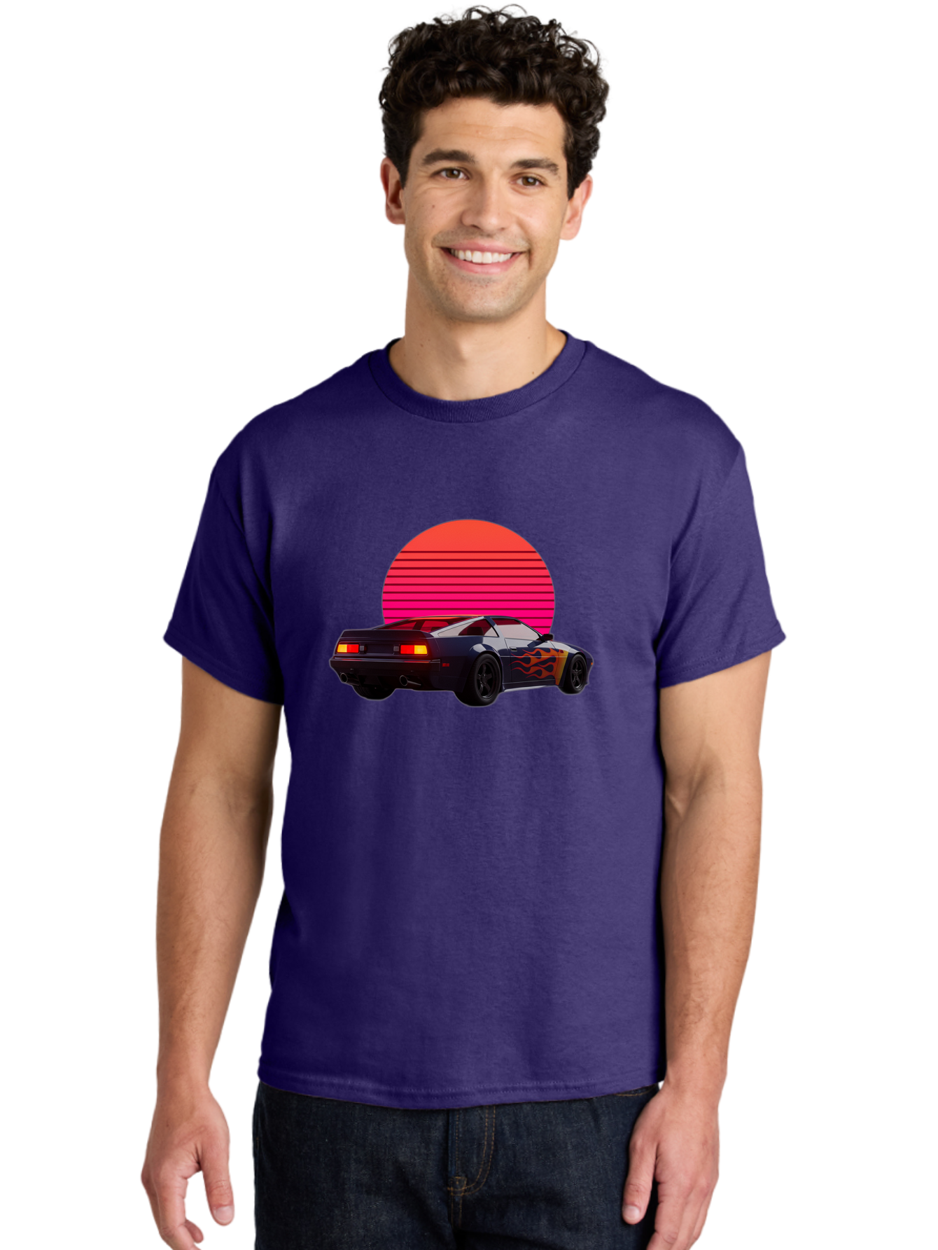 Retro-Sports-Car-1 Men'S Graphic Tee, 100% Cotton, Comfortable Casual Summer Wear, Machine Washable, Retro Sports Car, Flame Design, Vintage Vehicle, 80S Car Culture, Neon Lights, Synth Wave, Red Sun, Vintage Graphics, Retro Futuristic Bab334 26