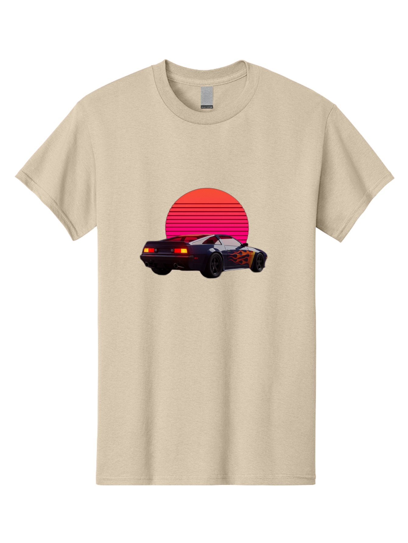 Retro-Sports-Car-1 Men'S Graphic Tee, 100% Cotton, Comfortable Casual Summer Wear, Machine Washable, Retro Sports Car, Flame Design, Vintage Vehicle, 80S Car Culture, Neon Lights, Synth Wave, Red Sun, Vintage Graphics, Retro Futuristic Bab334