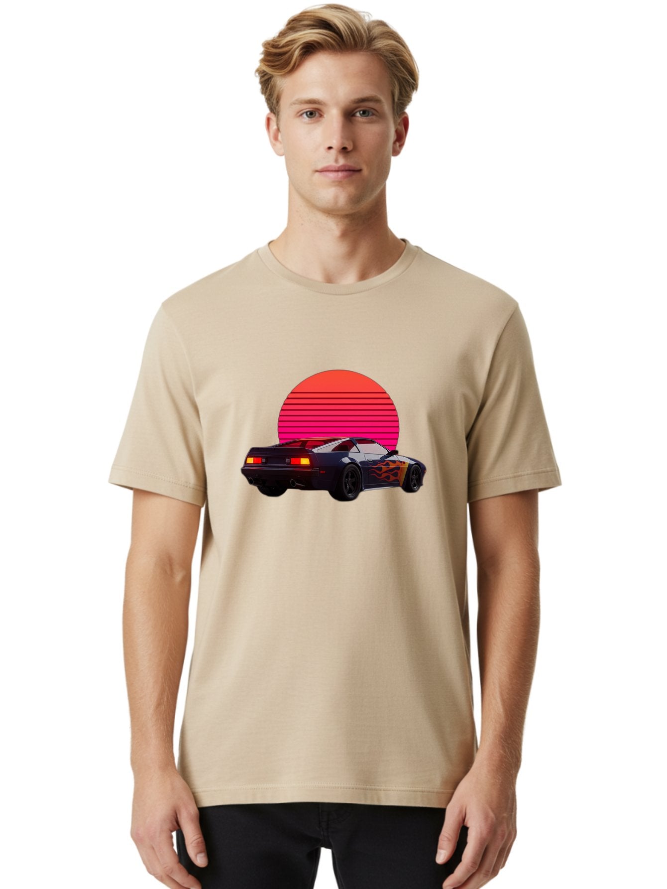 Retro-Sports-Car-1 Men'S Graphic Tee, 100% Cotton, Comfortable Casual Summer Wear, Machine Washable, Retro Sports Car, Flame Design, Vintage Vehicle, 80S Car Culture, Neon Lights, Synth Wave, Red Sun, Vintage Graphics, Retro Futuristic Bab334 19