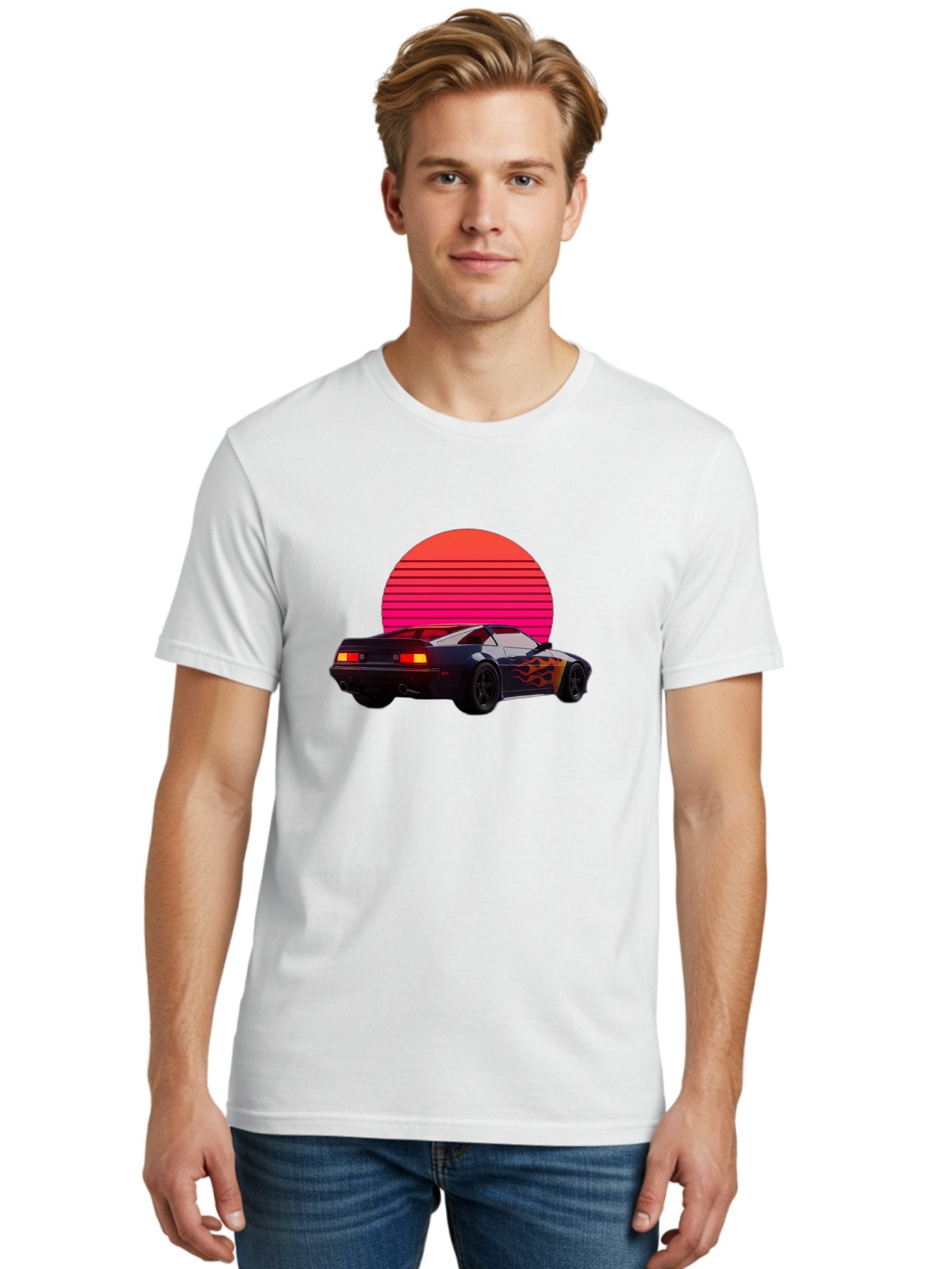 Retro-Sports-Car-1 Men'S Graphic Tee, 100% Cotton, Comfortable Casual Summer Wear, Machine Washable, Retro Sports Car, Flame Design, Vintage Vehicle, 80S Car Culture, Neon Lights, Synth Wave, Red Sun, Vintage Graphics, Retro Futuristic Bab334 29