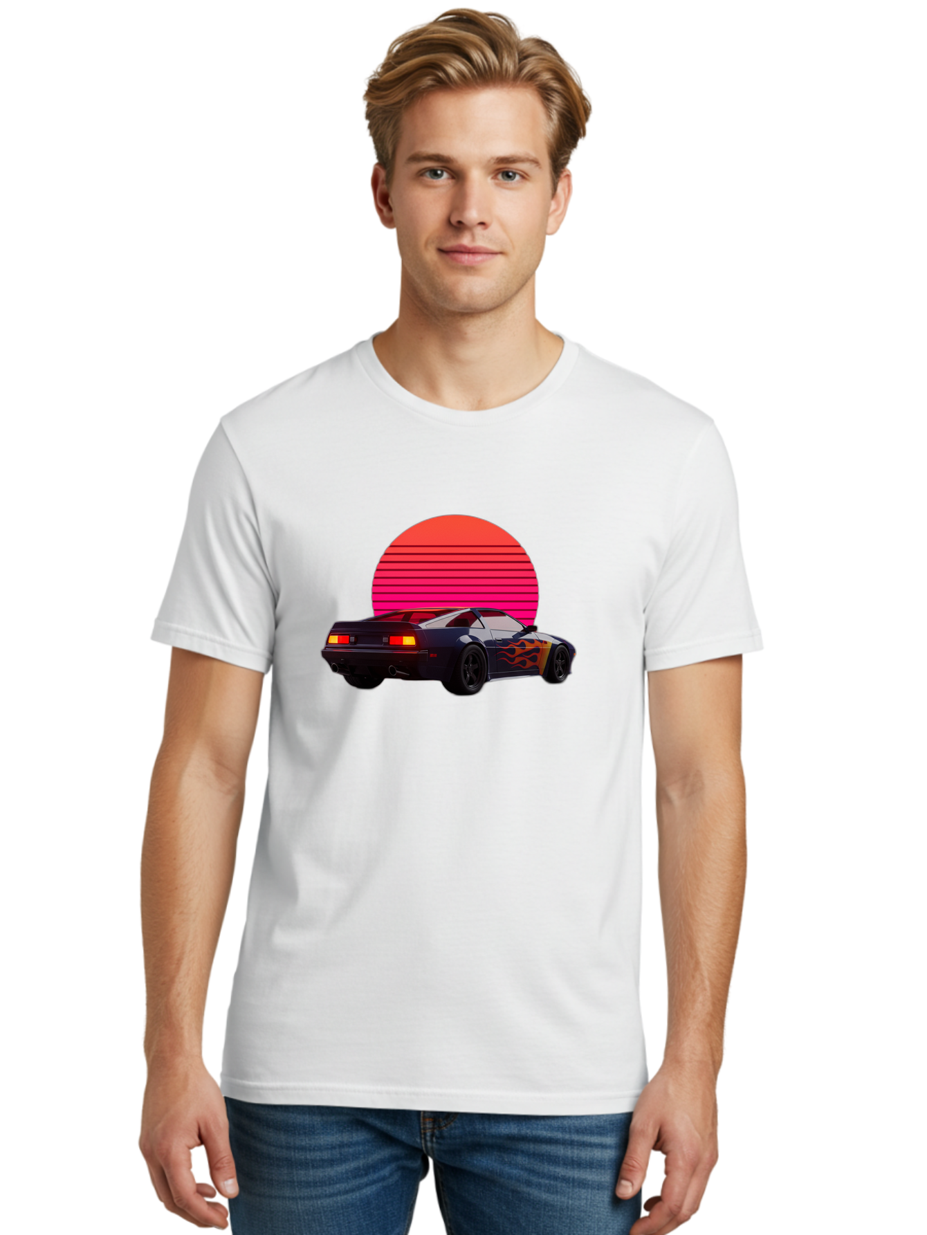 Retro-Sports-Car-1 Men'S Graphic Tee, 100% Cotton, Comfortable Casual Summer Wear, Machine Washable, Retro Sports Car, Flame Design, Vintage Vehicle, 80S Car Culture, Neon Lights, Synth Wave, Red Sun, Vintage Graphics, Retro Futuristic Bab334 4