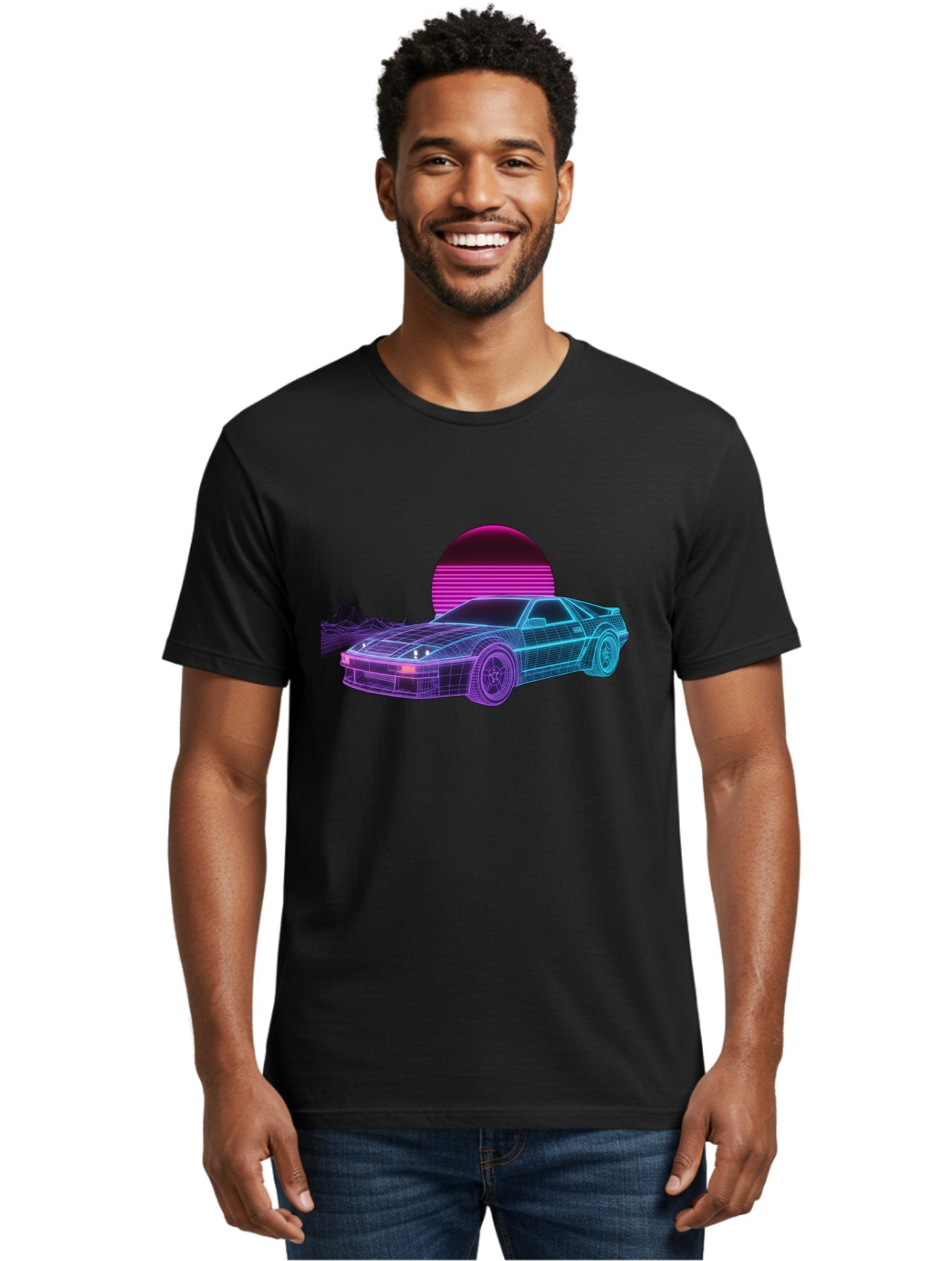 Retro-Sports-Car Men'S Graphic Tee, 100% Cotton, Comfortable Casual Summer Wear, Machine Washable, Retro Futuristic Car, Neon Lights, Synthwave Style, Vaporwave Aesthetic, 80S Sports Car, Datsun 280Z, Grid Pattern, Futuristic Landscape, Bab335 25