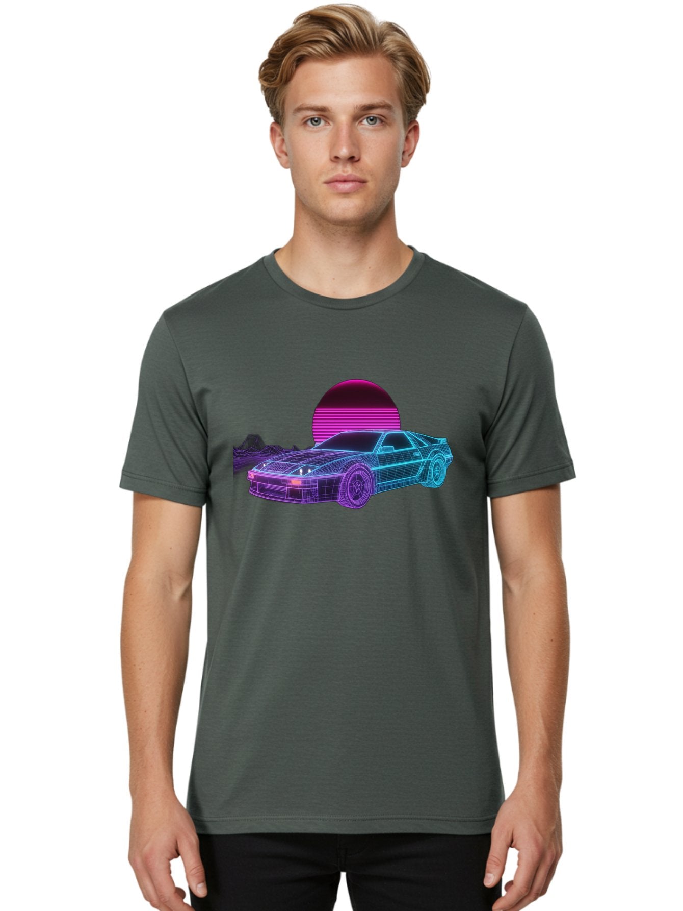 Retro-Sports-Car Men'S Graphic Tee, 100% Cotton, Comfortable Casual Summer Wear, Machine Washable, Retro Futuristic Car, Neon Lights, Synthwave Style, Vaporwave Aesthetic, 80S Sports Car, Datsun 280Z, Grid Pattern, Futuristic Landscape, Bab335 18