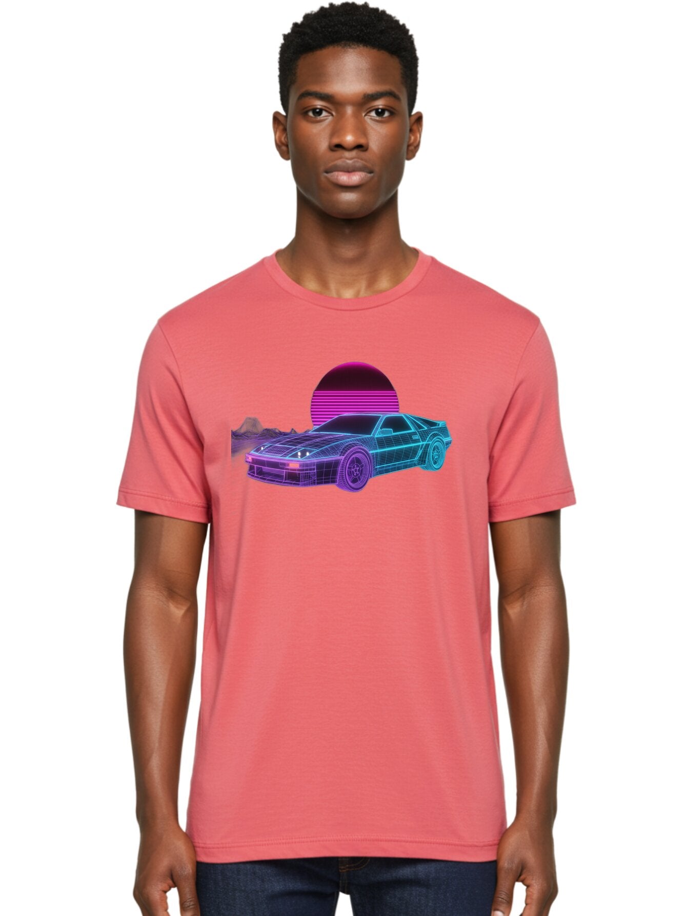 Retro-Sports-Car Men'S Graphic Tee, 100% Cotton, Comfortable Casual Summer Wear, Machine Washable, Retro Futuristic Car, Neon Lights, Synthwave Style, Vaporwave Aesthetic, 80S Sports Car, Datsun 280Z, Grid Pattern, Futuristic Landscape, Bab335 20