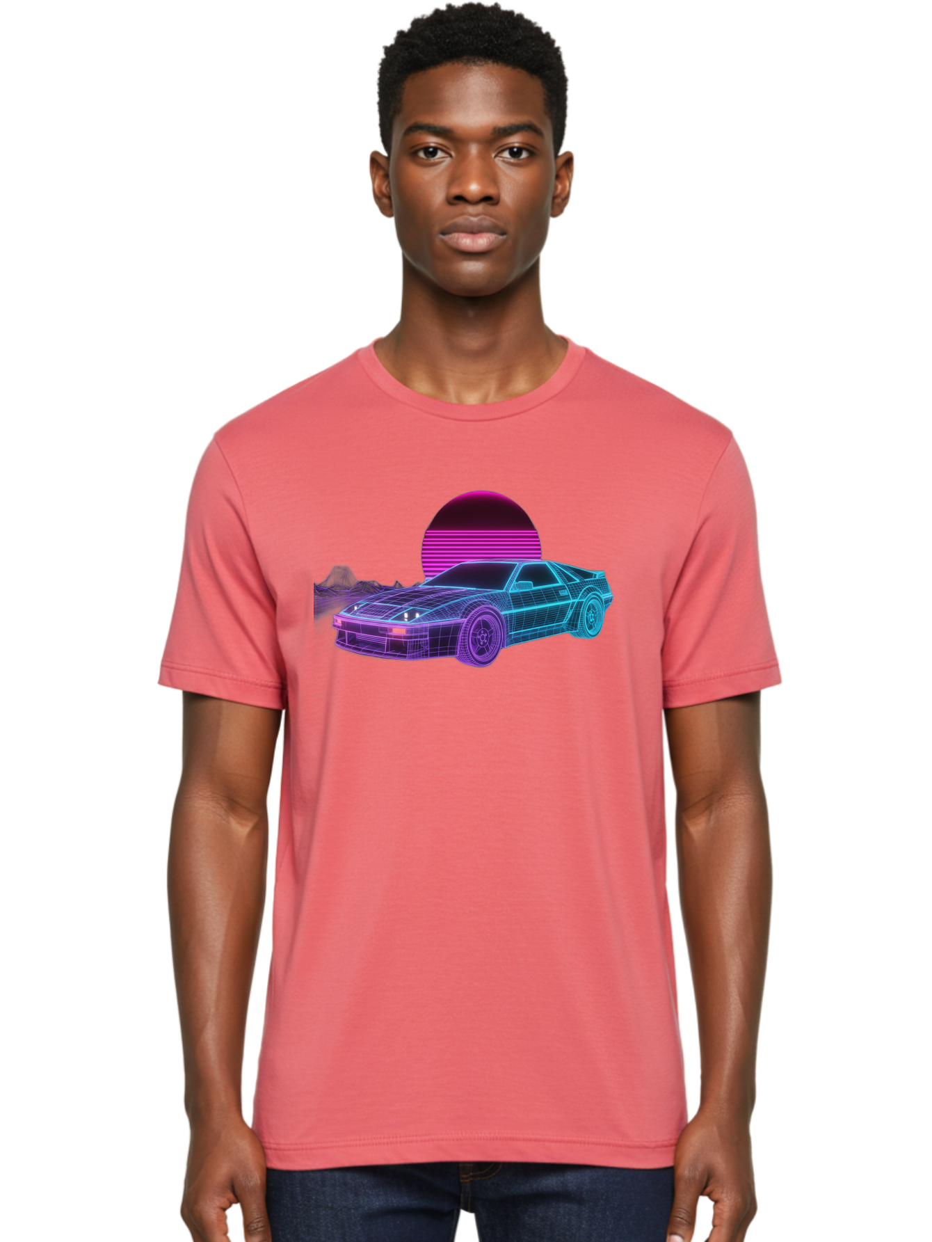 Retro-Sports-Car Men'S Graphic Tee, 100% Cotton, Comfortable Casual Summer Wear, Machine Washable, Retro Futuristic Car, Neon Lights, Synthwave Style, Vaporwave Aesthetic, 80S Sports Car, Datsun 280Z, Grid Pattern, Futuristic Landscape, Bab335 30