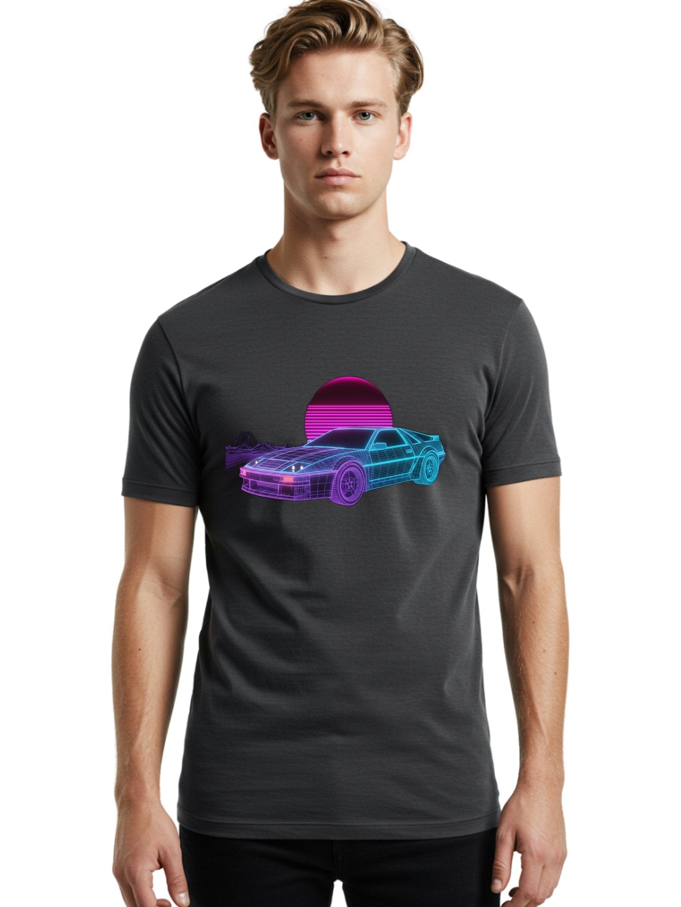 Retro-Sports-Car Men'S Graphic Tee, 100% Cotton, Comfortable Casual Summer Wear, Machine Washable, Retro Futuristic Car, Neon Lights, Synthwave Style, Vaporwave Aesthetic, 80S Sports Car, Datsun 280Z, Grid Pattern, Futuristic Landscape, Bab335 26