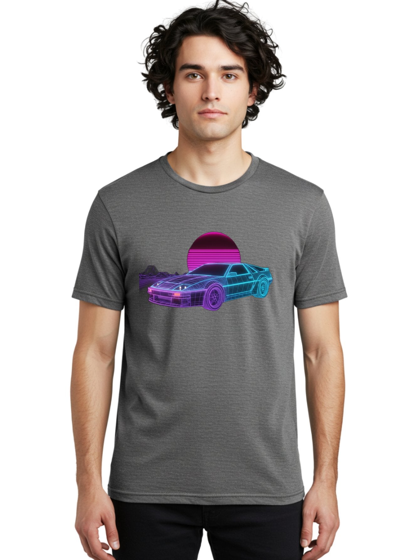 Retro-Sports-Car Men'S Graphic Tee, 100% Cotton, Comfortable Casual Summer Wear, Machine Washable, Retro Futuristic Car, Neon Lights, Synthwave Style, Vaporwave Aesthetic, 80S Sports Car, Datsun 280Z, Grid Pattern, Futuristic Landscape, Bab335 23