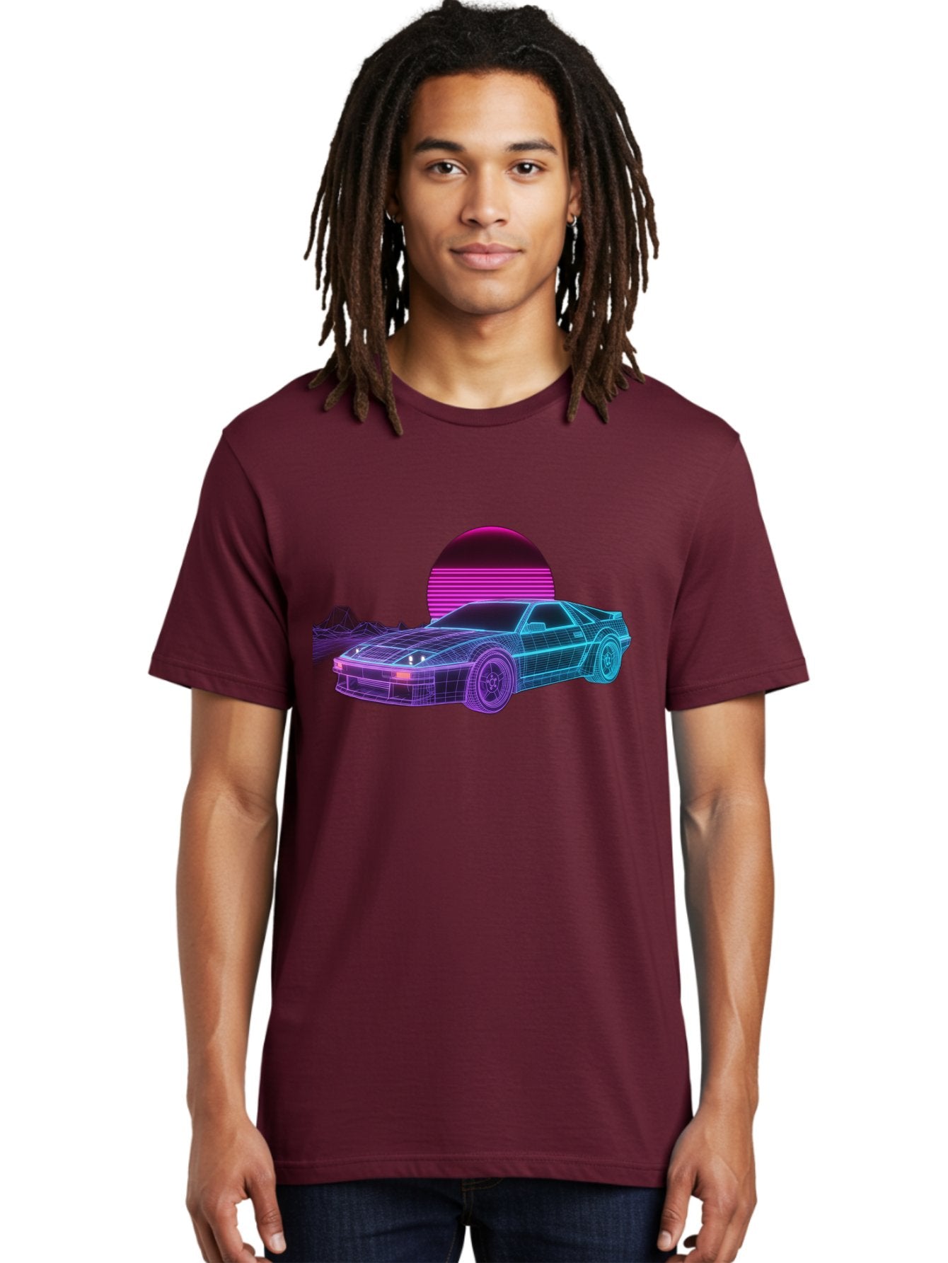 Retro-Sports-Car Men'S Graphic Tee, 100% Cotton, Comfortable Casual Summer Wear, Machine Washable, Retro Futuristic Car, Neon Lights, Synthwave Style, Vaporwave Aesthetic, 80S Sports Car, Datsun 280Z, Grid Pattern, Futuristic Landscape, Bab335 30