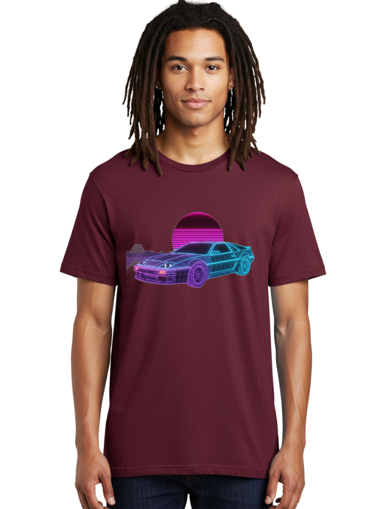 Retro-Sports-Car Men'S Graphic Tee, 100% Cotton, Comfortable Casual Summer Wear, Machine Washable, Retro Futuristic Car, Neon Lights, Synthwave Style, Vaporwave Aesthetic, 80S Sports Car, Datsun 280Z, Grid Pattern, Futuristic Landscape, Bab335