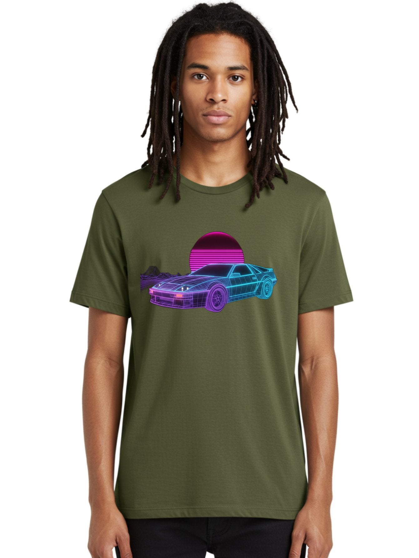 Retro-Sports-Car Men'S Graphic Tee, 100% Cotton, Comfortable Casual Summer Wear, Machine Washable, Retro Futuristic Car, Neon Lights, Synthwave Style, Vaporwave Aesthetic, 80S Sports Car, Datsun 280Z, Grid Pattern, Futuristic Landscape, Bab335 19