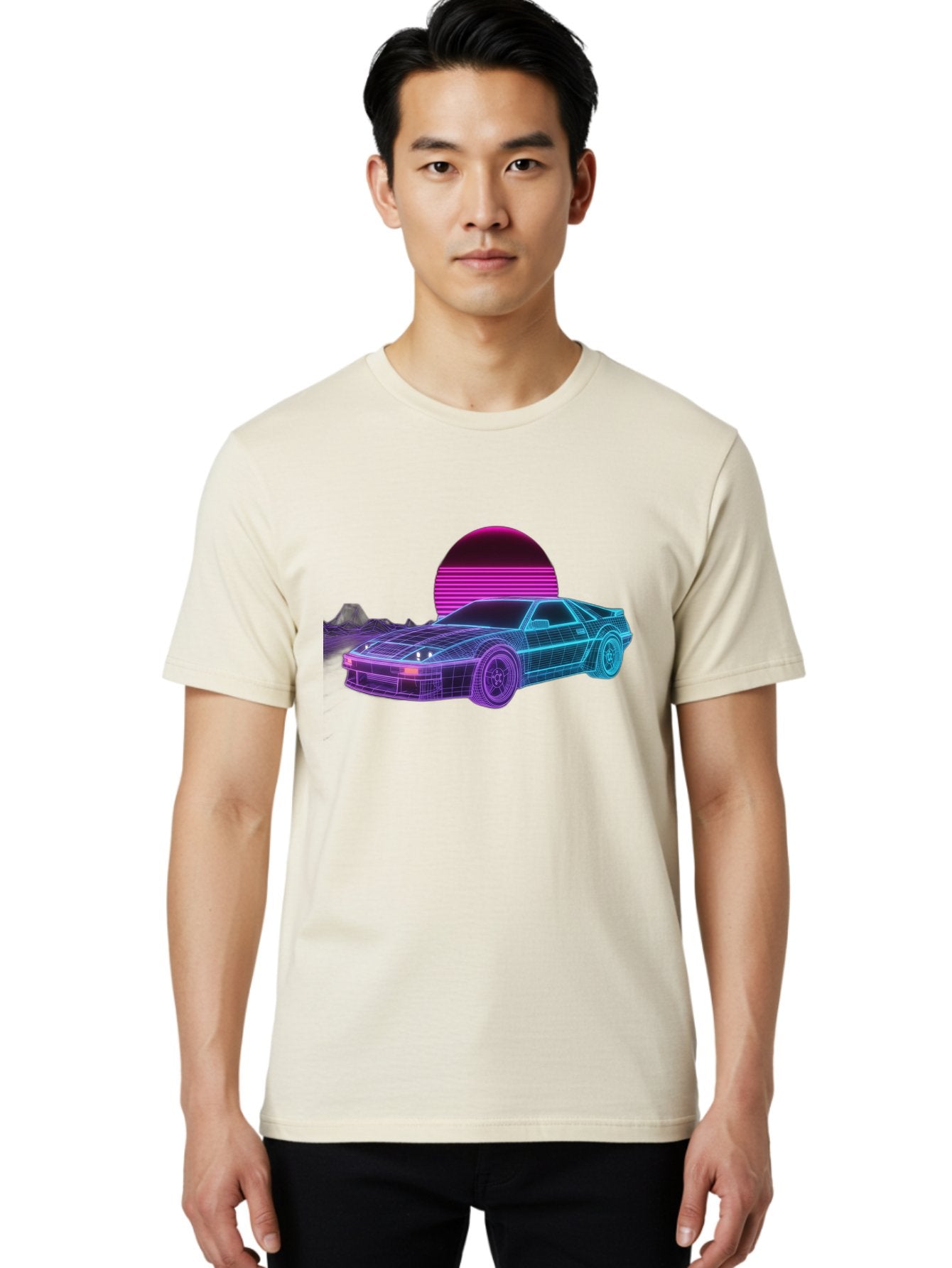 Retro-Sports-Car Men'S Graphic Tee, 100% Cotton, Comfortable Casual Summer Wear, Machine Washable, Retro Futuristic Car, Neon Lights, Synthwave Style, Vaporwave Aesthetic, 80S Sports Car, Datsun 280Z, Grid Pattern, Futuristic Landscape, Bab335 27