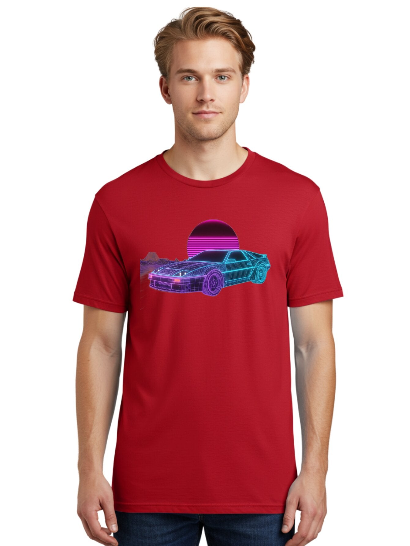 Retro-Sports-Car Men'S Graphic Tee, 100% Cotton, Comfortable Casual Summer Wear, Machine Washable, Retro Futuristic Car, Neon Lights, Synthwave Style, Vaporwave Aesthetic, 80S Sports Car, Datsun 280Z, Grid Pattern, Futuristic Landscape, Bab335 16