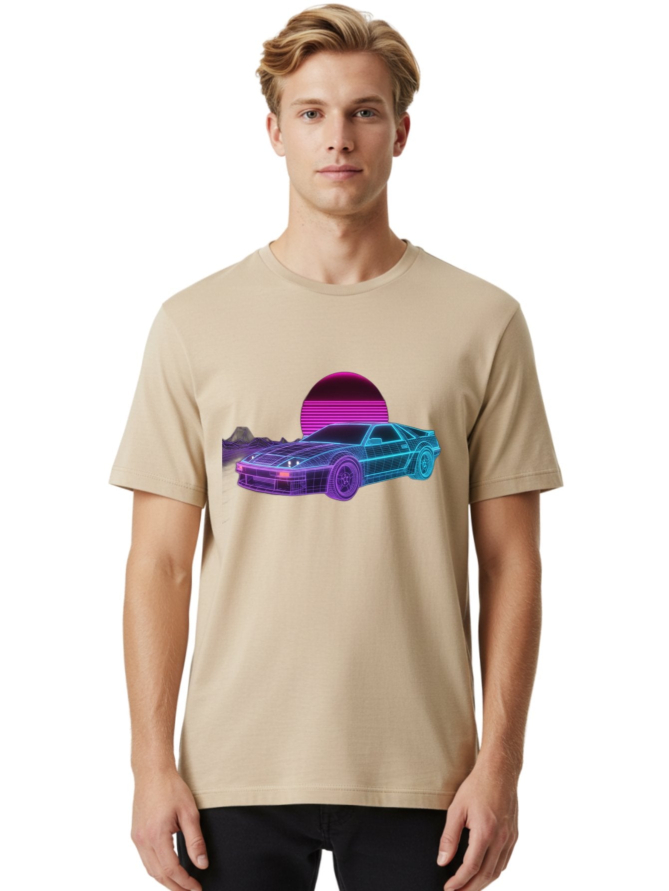 Retro-Sports-Car Men'S Graphic Tee, 100% Cotton, Comfortable Casual Summer Wear, Machine Washable, Retro Futuristic Car, Neon Lights, Synthwave Style, Vaporwave Aesthetic, 80S Sports Car, Datsun 280Z, Grid Pattern, Futuristic Landscape, Bab335 24