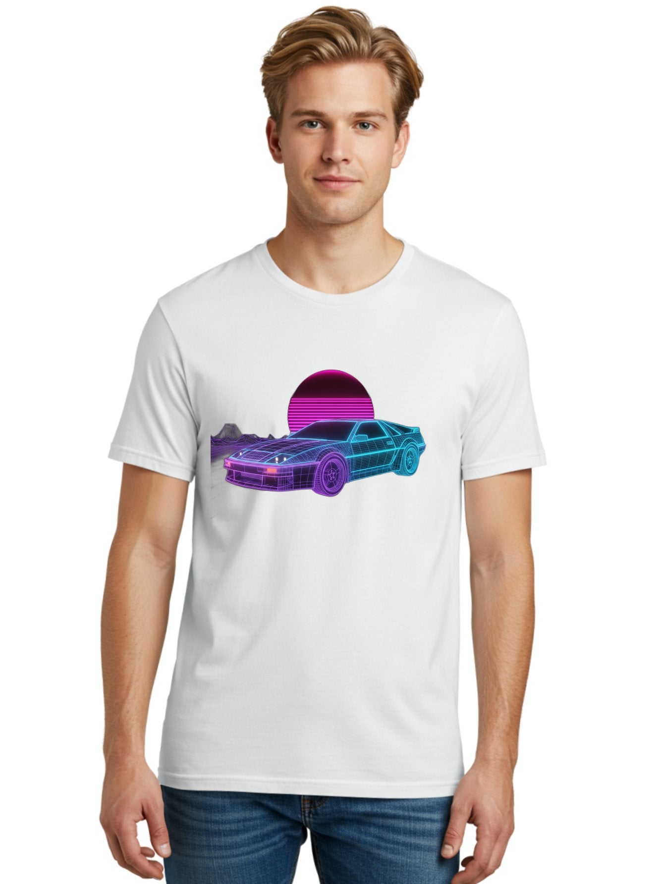Retro-Sports-Car Men'S Graphic Tee, 100% Cotton, Comfortable Casual Summer Wear, Machine Washable, Retro Futuristic Car, Neon Lights, Synthwave Style, Vaporwave Aesthetic, 80S Sports Car, Datsun 280Z, Grid Pattern, Futuristic Landscape, Bab335 21