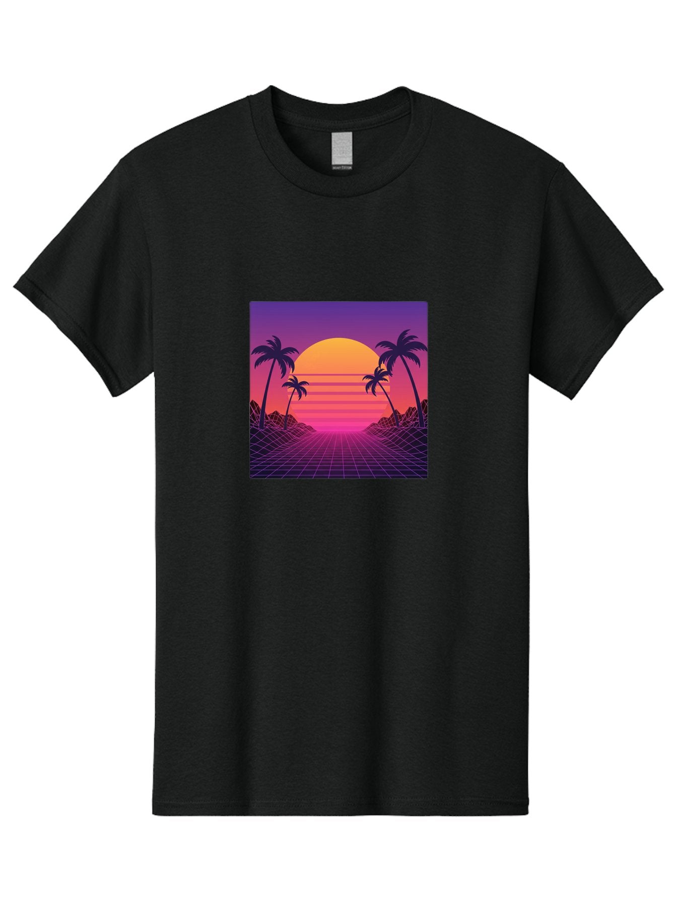 Retro-Sunset Men'S Graphic Tee, 100% Cotton, Comfortable Casual Summer Wear, Machine Washable, Retro Futuristic Landscape, Sunset With Palm Trees, Grid Pattern, Neon Colors, Synthwave Art, 80S Vibe, Futuristic Scenery, Digital Art, Bab336