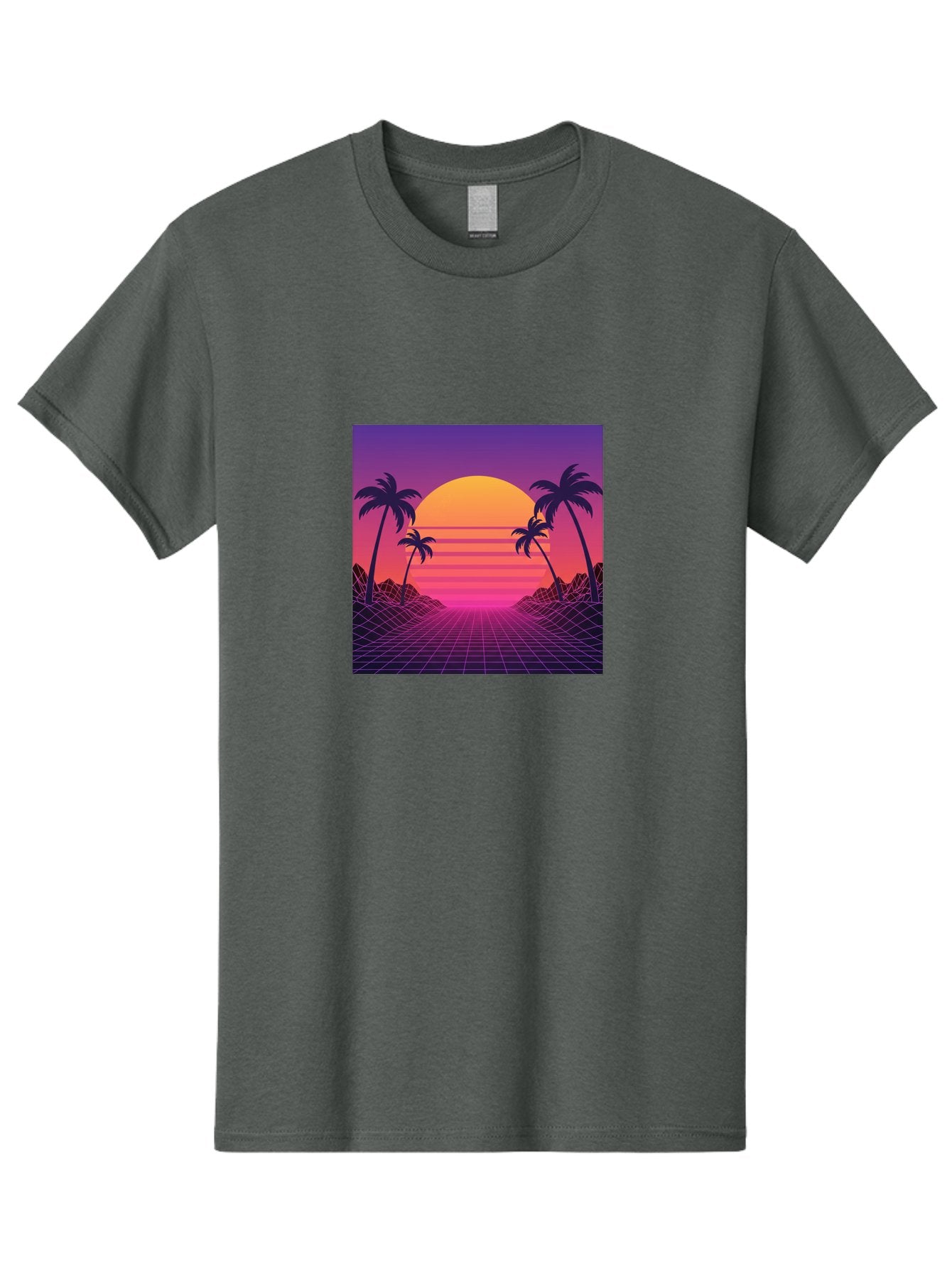 Retro-Sunset Men'S Graphic Tee, 100% Cotton, Comfortable Casual Summer Wear, Machine Washable, Retro Futuristic Landscape, Sunset With Palm Trees, Grid Pattern, Neon Colors, Synthwave Art, 80S Vibe, Futuristic Scenery, Digital Art, Bab336 5