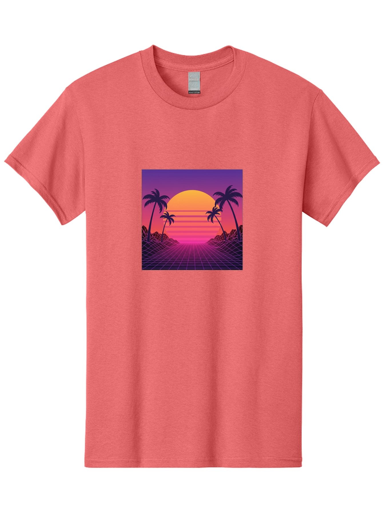 Retro-Sunset Men'S Graphic Tee, 100% Cotton, Comfortable Casual Summer Wear, Machine Washable, Retro Futuristic Landscape, Sunset With Palm Trees, Grid Pattern, Neon Colors, Synthwave Art, 80S Vibe, Futuristic Scenery, Digital Art, Bab336 3