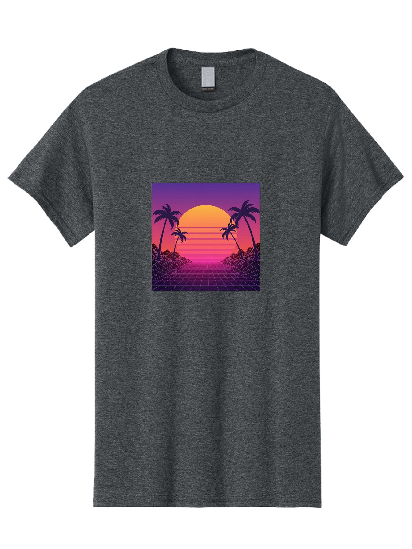 Retro-Sunset Men'S Graphic Tee, 100% Cotton, Comfortable Casual Summer Wear, Machine Washable, Retro Futuristic Landscape, Sunset With Palm Trees, Grid Pattern, Neon Colors, Synthwave Art, 80S Vibe, Futuristic Scenery, Digital Art, Bab336 11