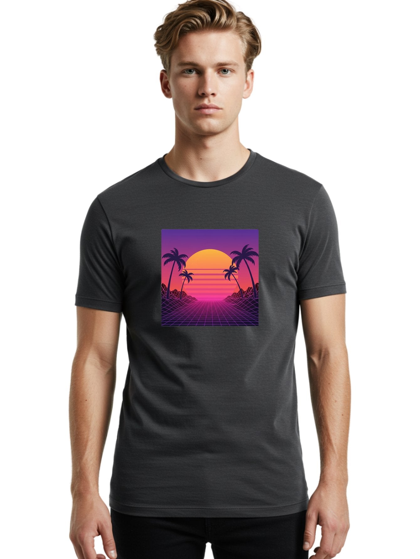 Retro-Sunset Men'S Graphic Tee, 100% Cotton, Comfortable Casual Summer Wear, Machine Washable, Retro Futuristic Landscape, Sunset With Palm Trees, Grid Pattern, Neon Colors, Synthwave Art, 80S Vibe, Futuristic Scenery, Digital Art, Bab336 27