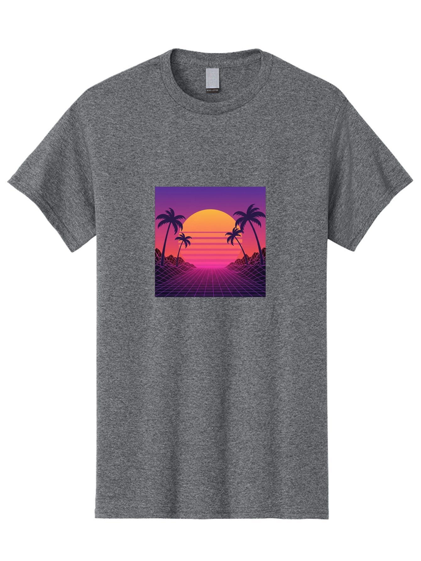 Retro-Sunset Men'S Graphic Tee, 100% Cotton, Comfortable Casual Summer Wear, Machine Washable, Retro Futuristic Landscape, Sunset With Palm Trees, Grid Pattern, Neon Colors, Synthwave Art, 80S Vibe, Futuristic Scenery, Digital Art, Bab336 6
