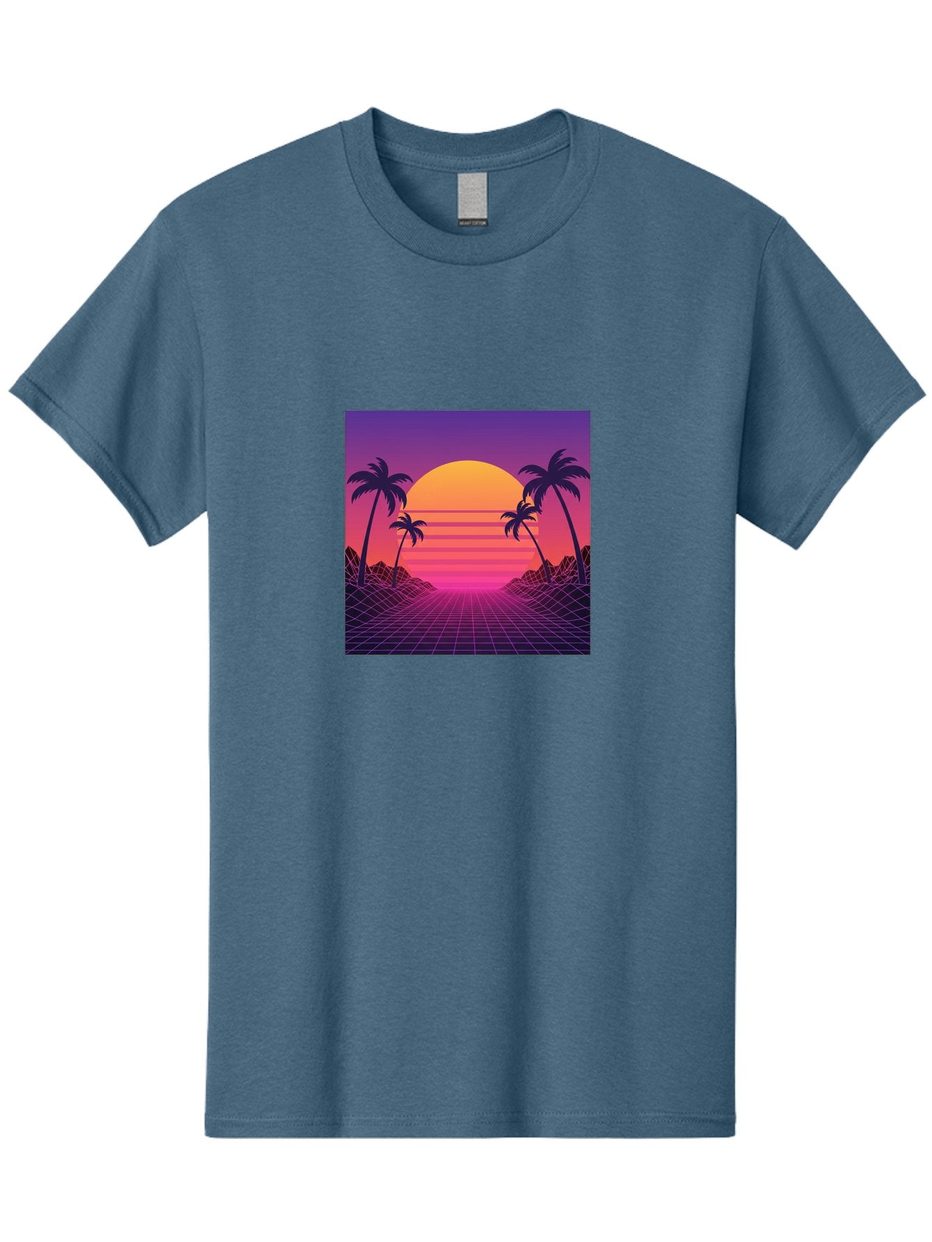 Retro-Sunset Men'S Graphic Tee, 100% Cotton, Comfortable Casual Summer Wear, Machine Washable, Retro Futuristic Landscape, Sunset With Palm Trees, Grid Pattern, Neon Colors, Synthwave Art, 80S Vibe, Futuristic Scenery, Digital Art, Bab336 12
