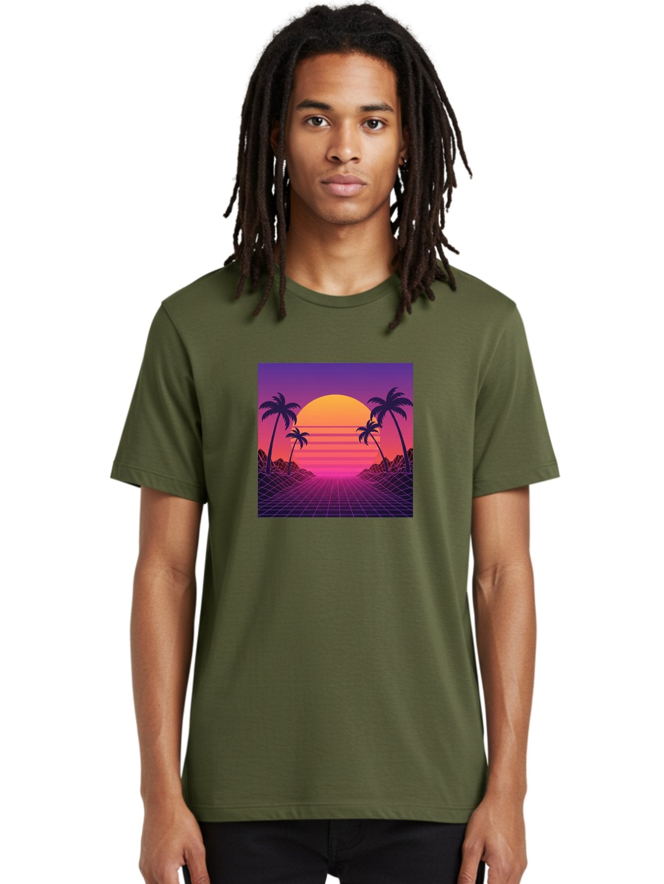 Retro-Sunset Men'S Graphic Tee, 100% Cotton, Comfortable Casual Summer Wear, Machine Washable, Retro Futuristic Landscape, Sunset With Palm Trees, Grid Pattern, Neon Colors, Synthwave Art, 80S Vibe, Futuristic Scenery, Digital Art, Bab336 19