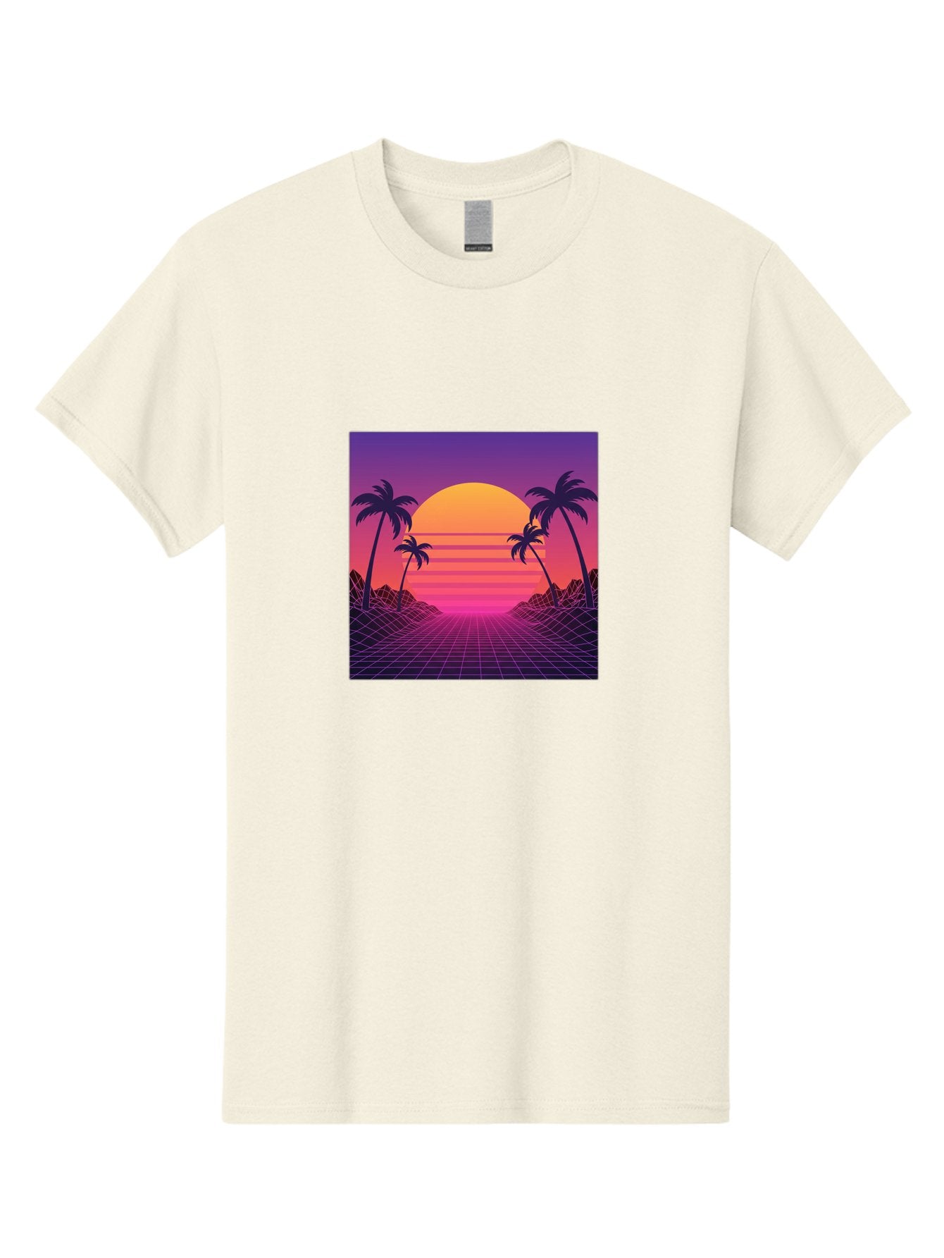 Retro-Sunset Men'S Graphic Tee, 100% Cotton, Comfortable Casual Summer Wear, Machine Washable, Retro Futuristic Landscape, Sunset With Palm Trees, Grid Pattern, Neon Colors, Synthwave Art, 80S Vibe, Futuristic Scenery, Digital Art, Bab336 15